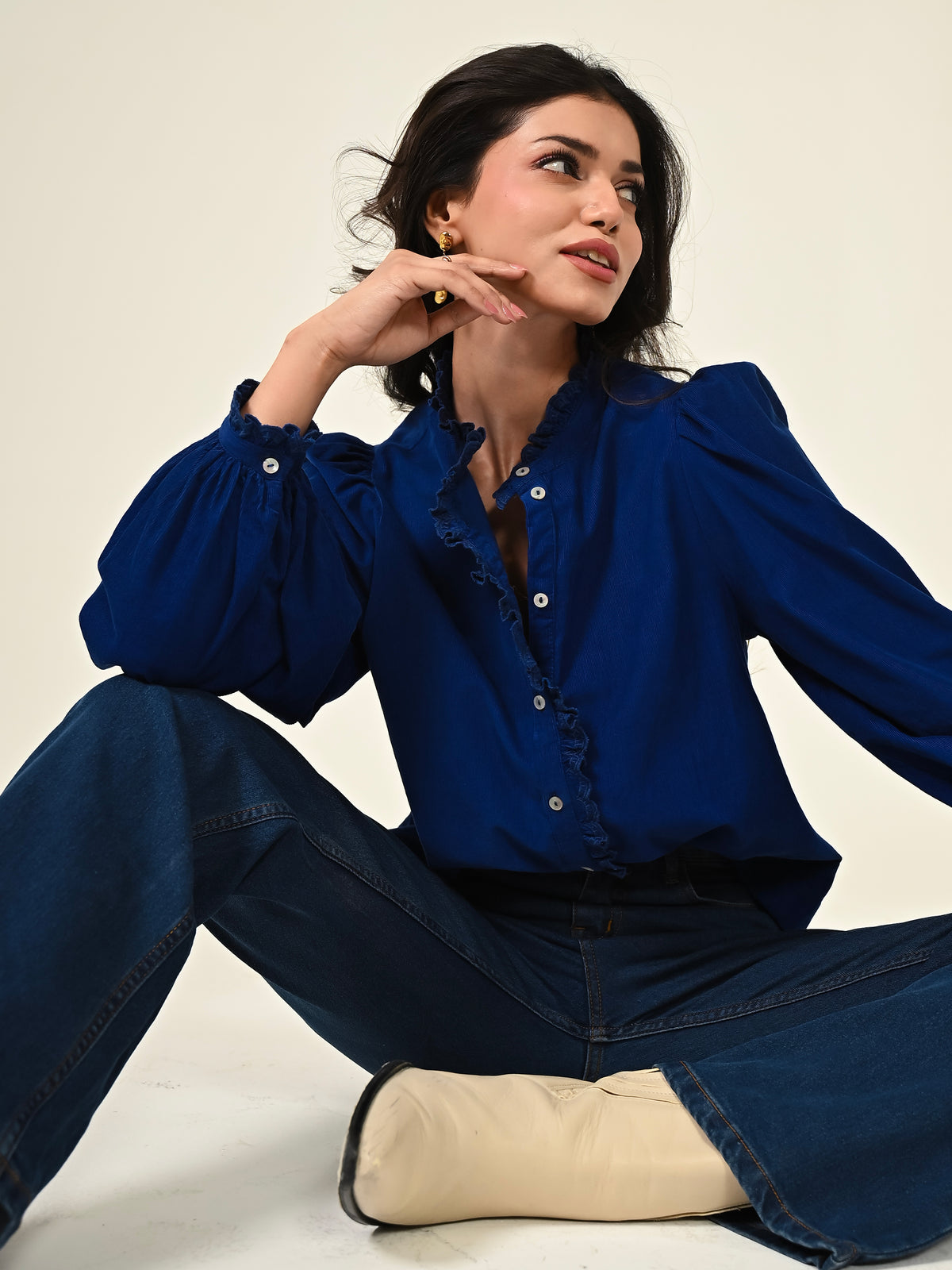 Nerys Blue Cord Embroidered Frill Blouse