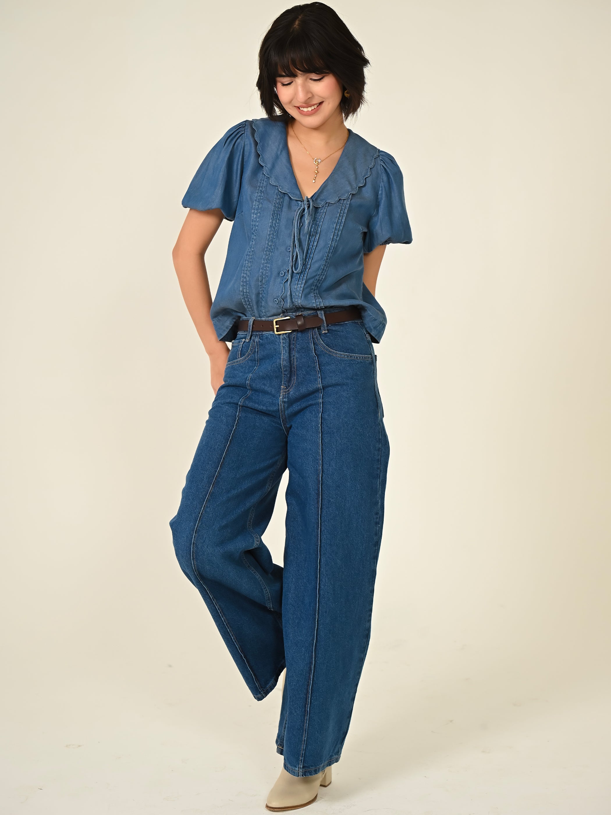 Olive Blue Denim Tencel Collar Blouse