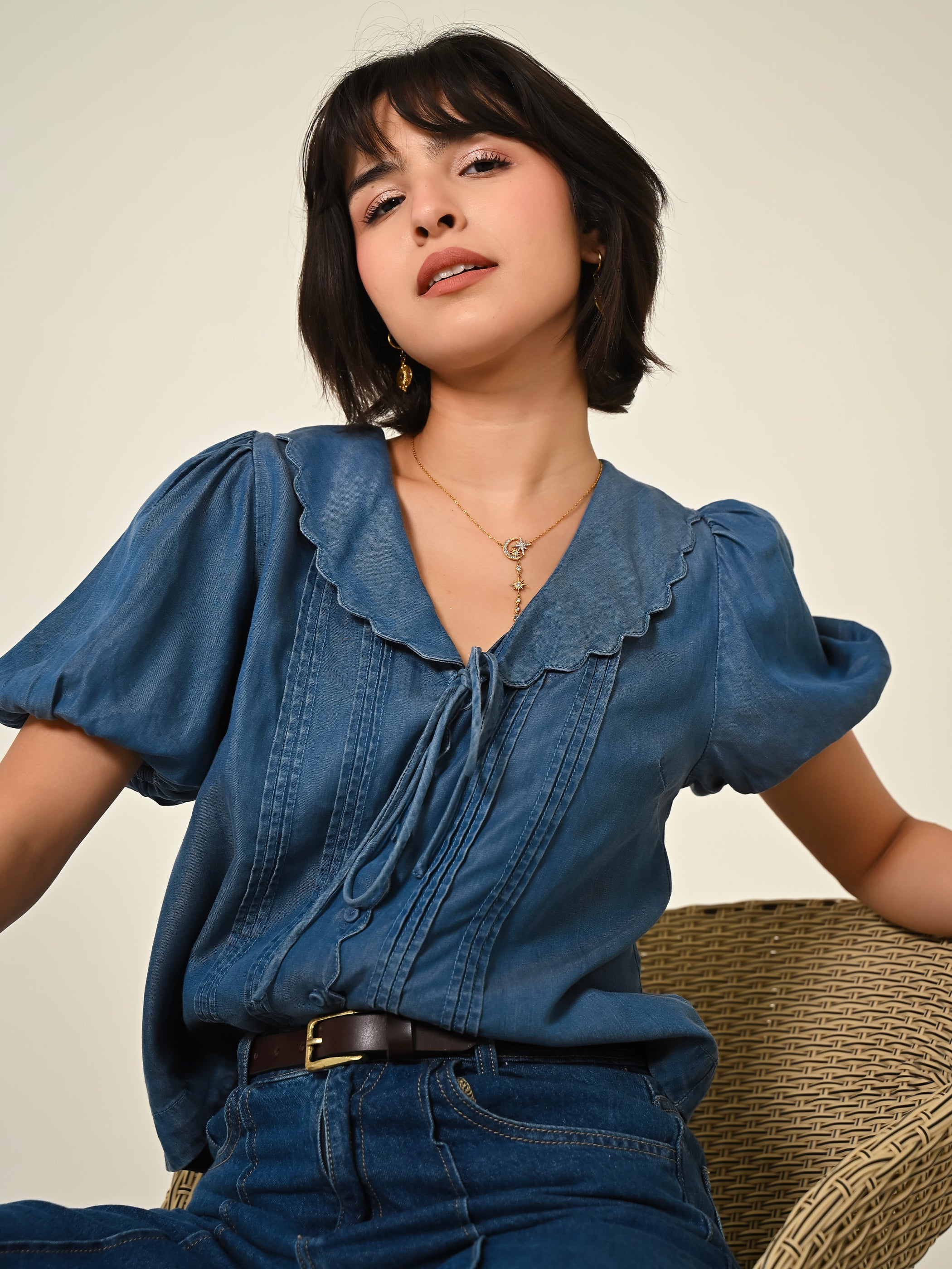 Olive Blue Denim Tencel Collar Blouse