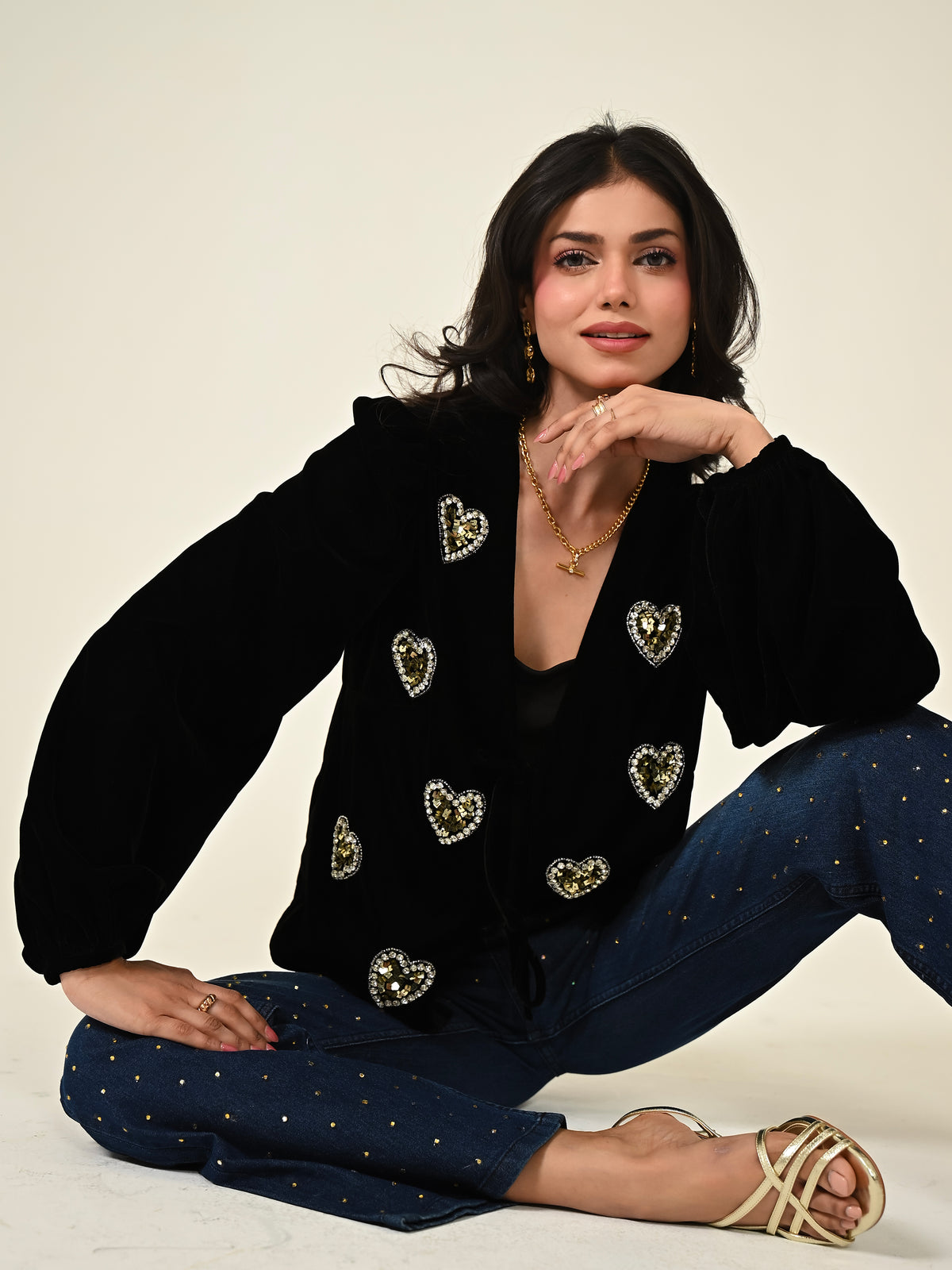 Rosheen Black Velvet Hand Embellished Heart Tie Front Top