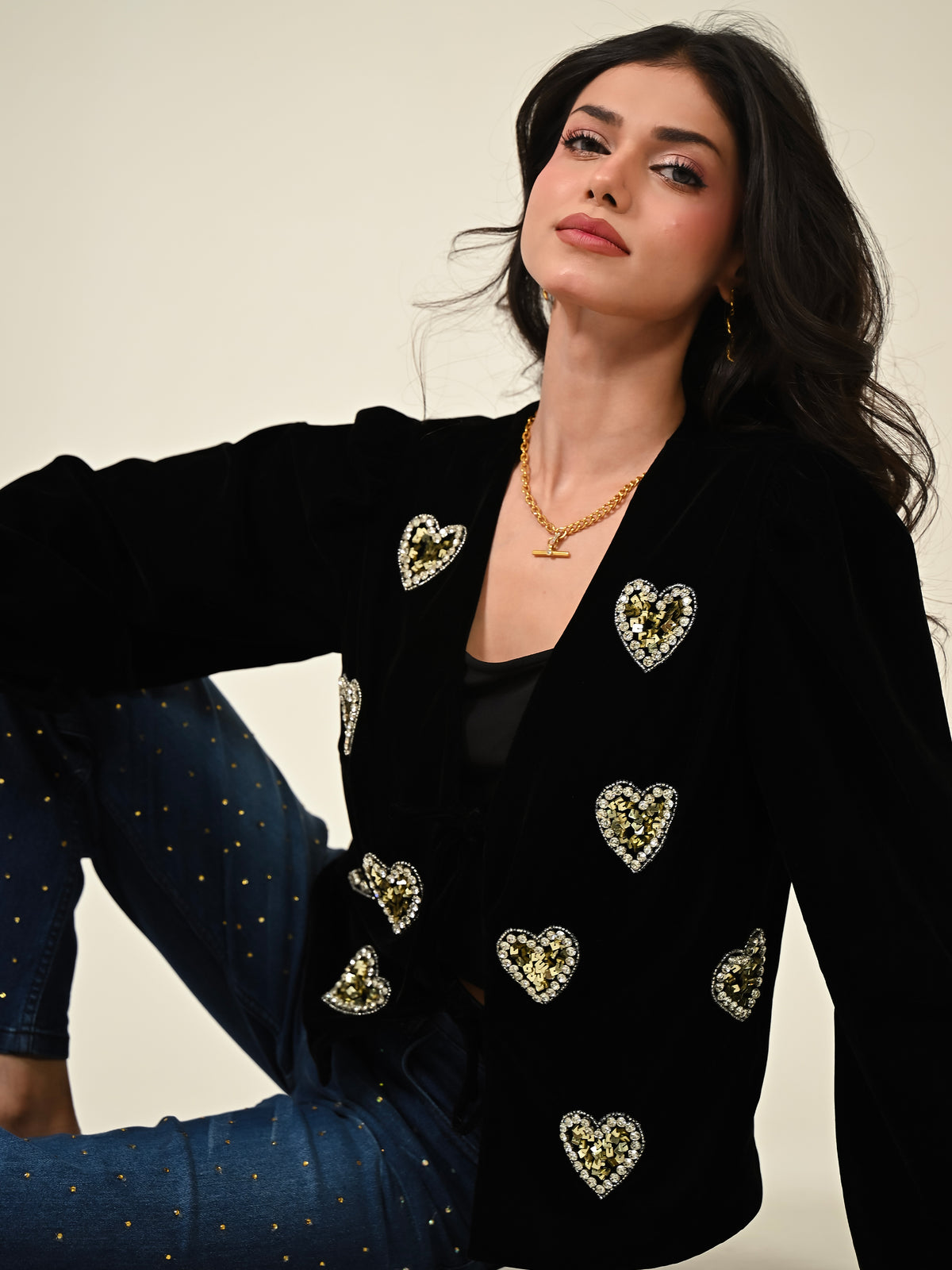 Rosheen Black Velvet Hand Embellished Heart Tie Front Top