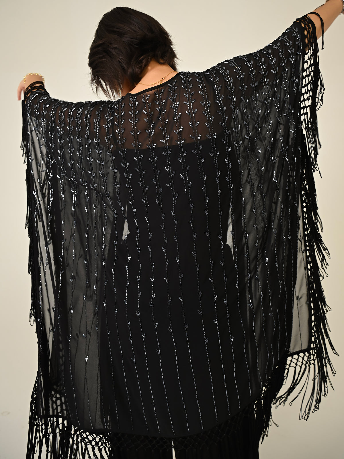 Fi Black Statement Hand Embellished Fringe Trim Kimono