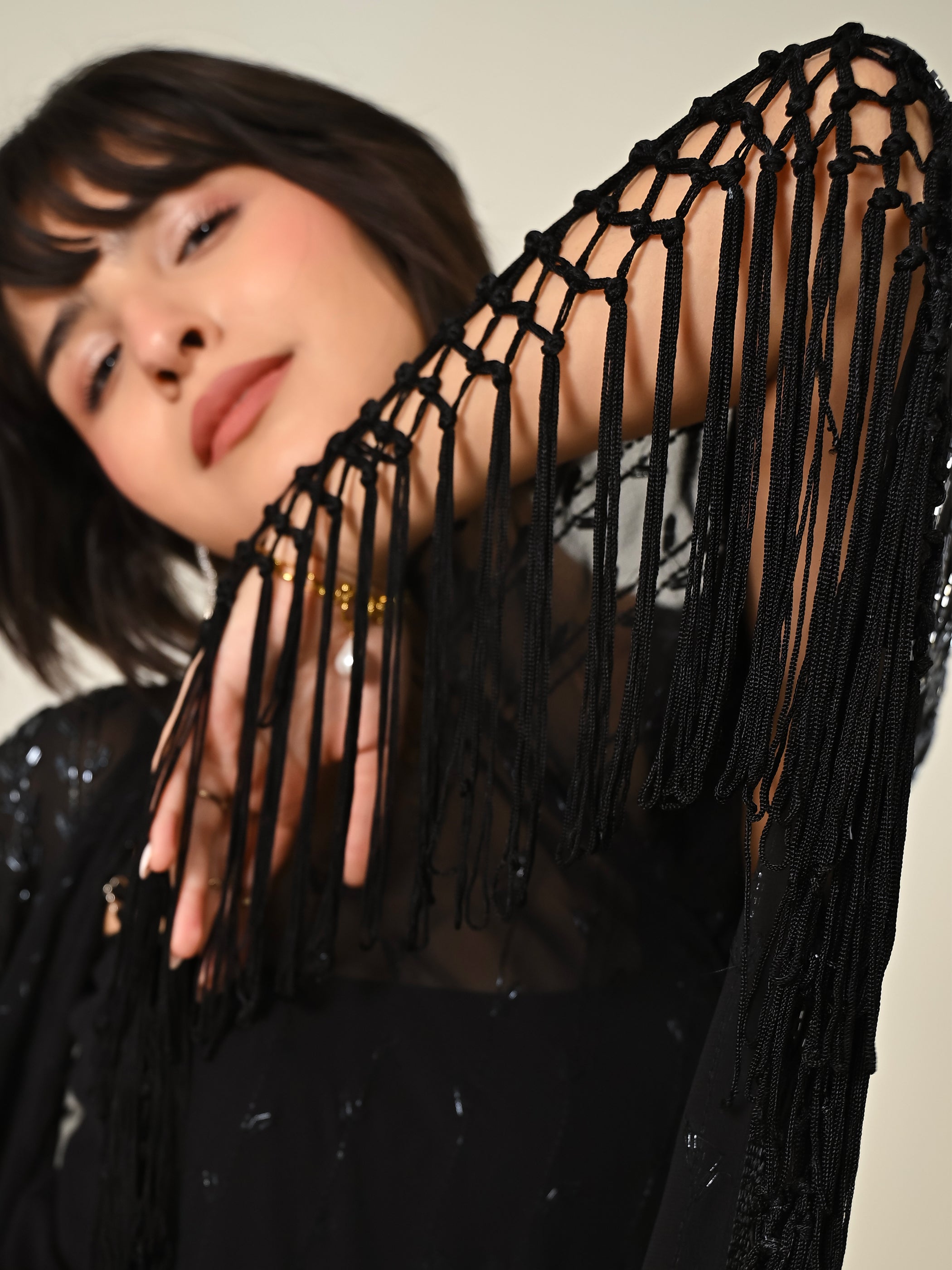 Fi Black Statement Hand Embellished Fringe Trim Kimono