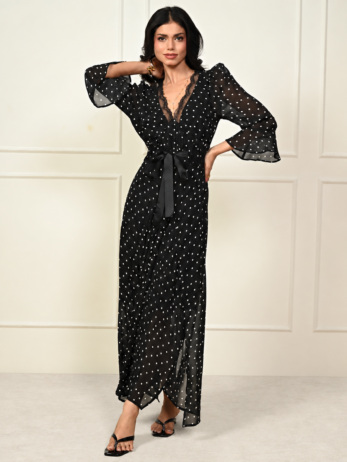 Chloe Black Polka Dot Lace Trim Tie Waist Maxi Dress