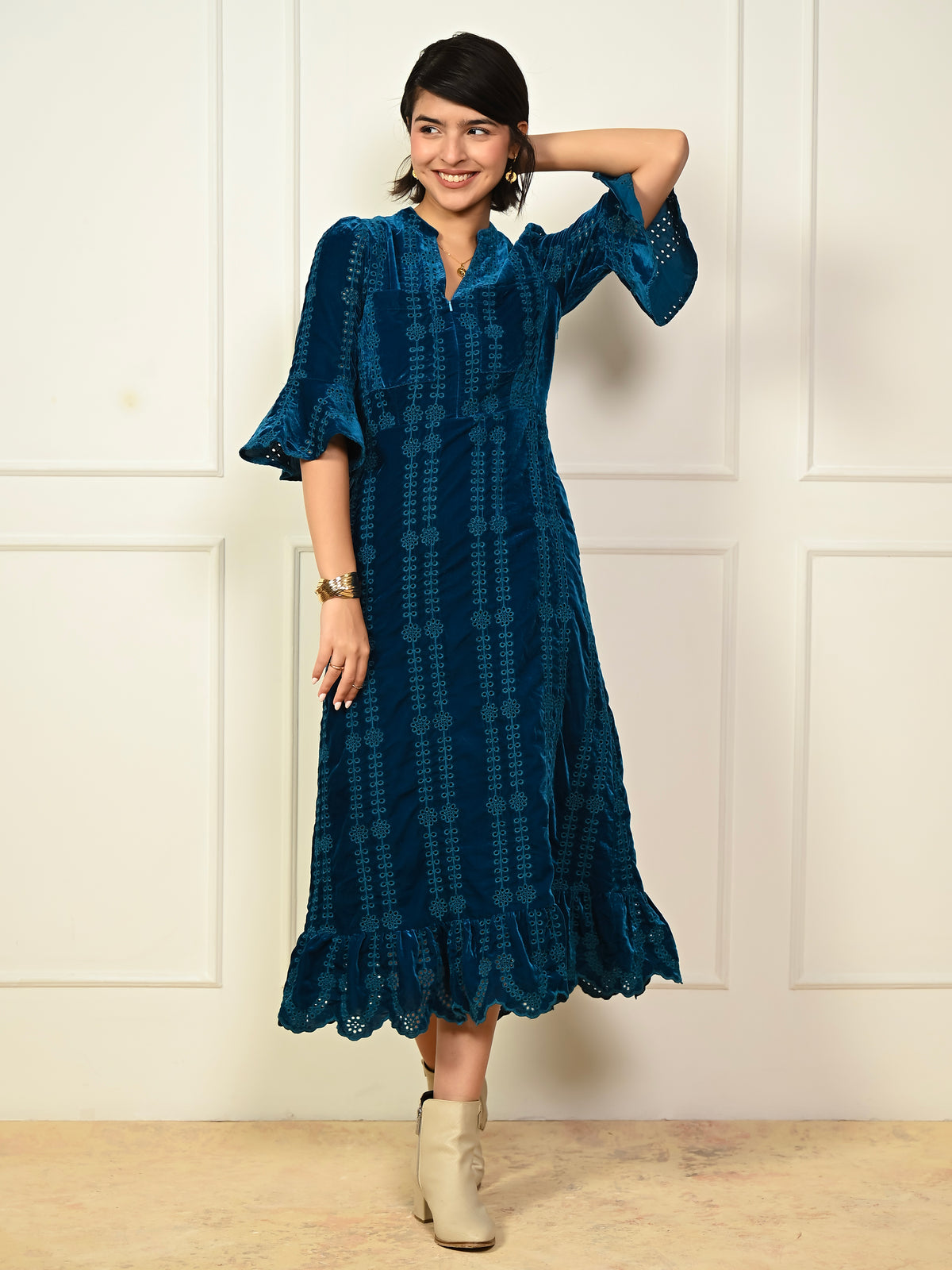 Cat Teal Embroidered Velvet Midi Dress