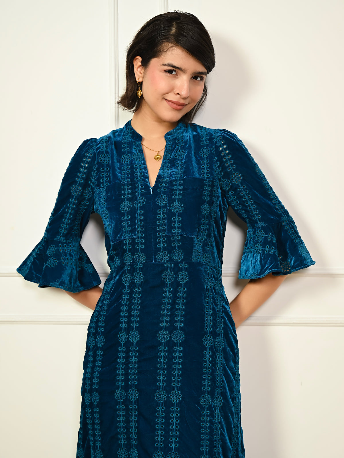 Cat Teal Embroidered Velvet Midi Dress
