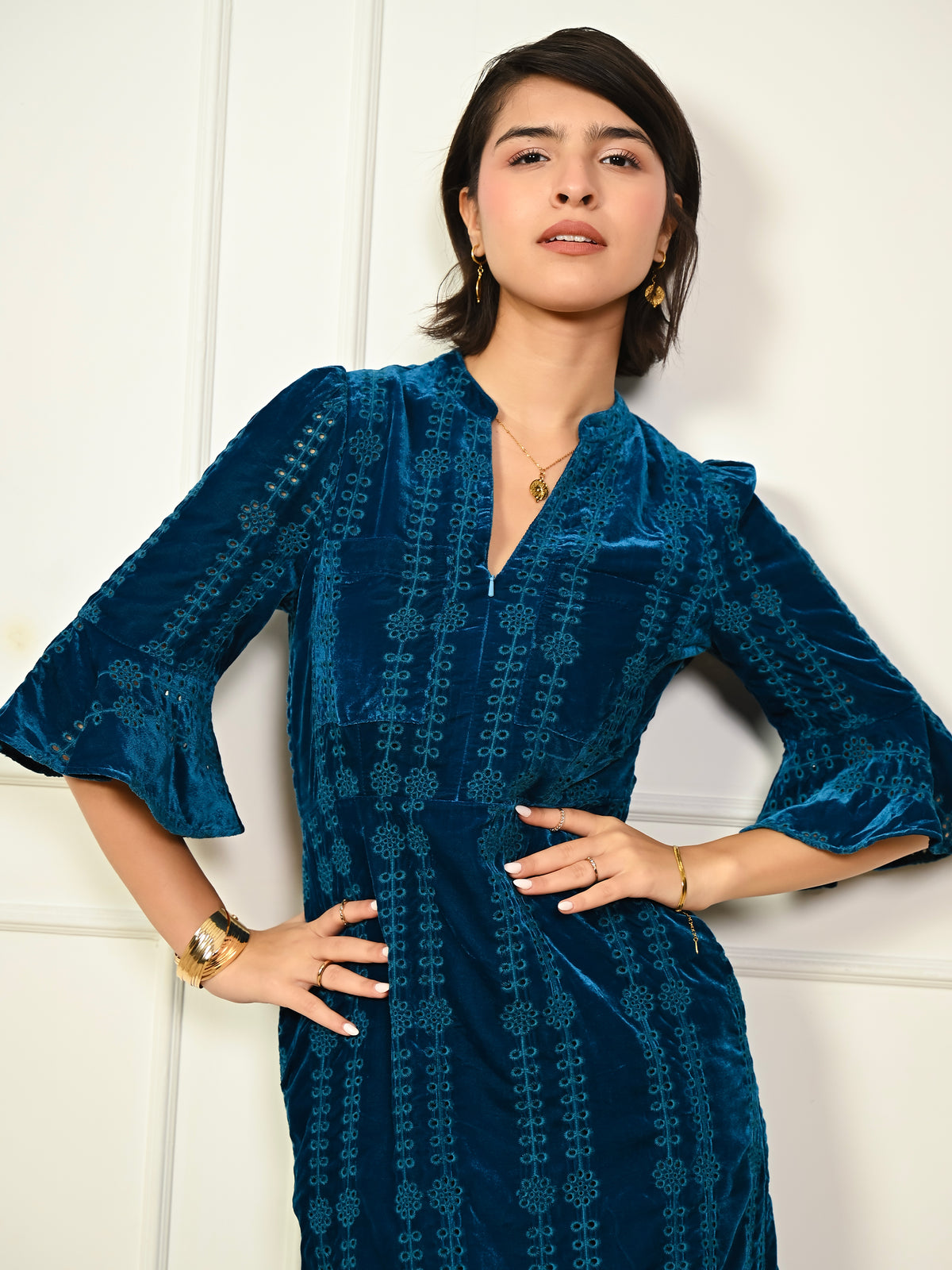Cat Teal Embroidered Velvet Midi Dress