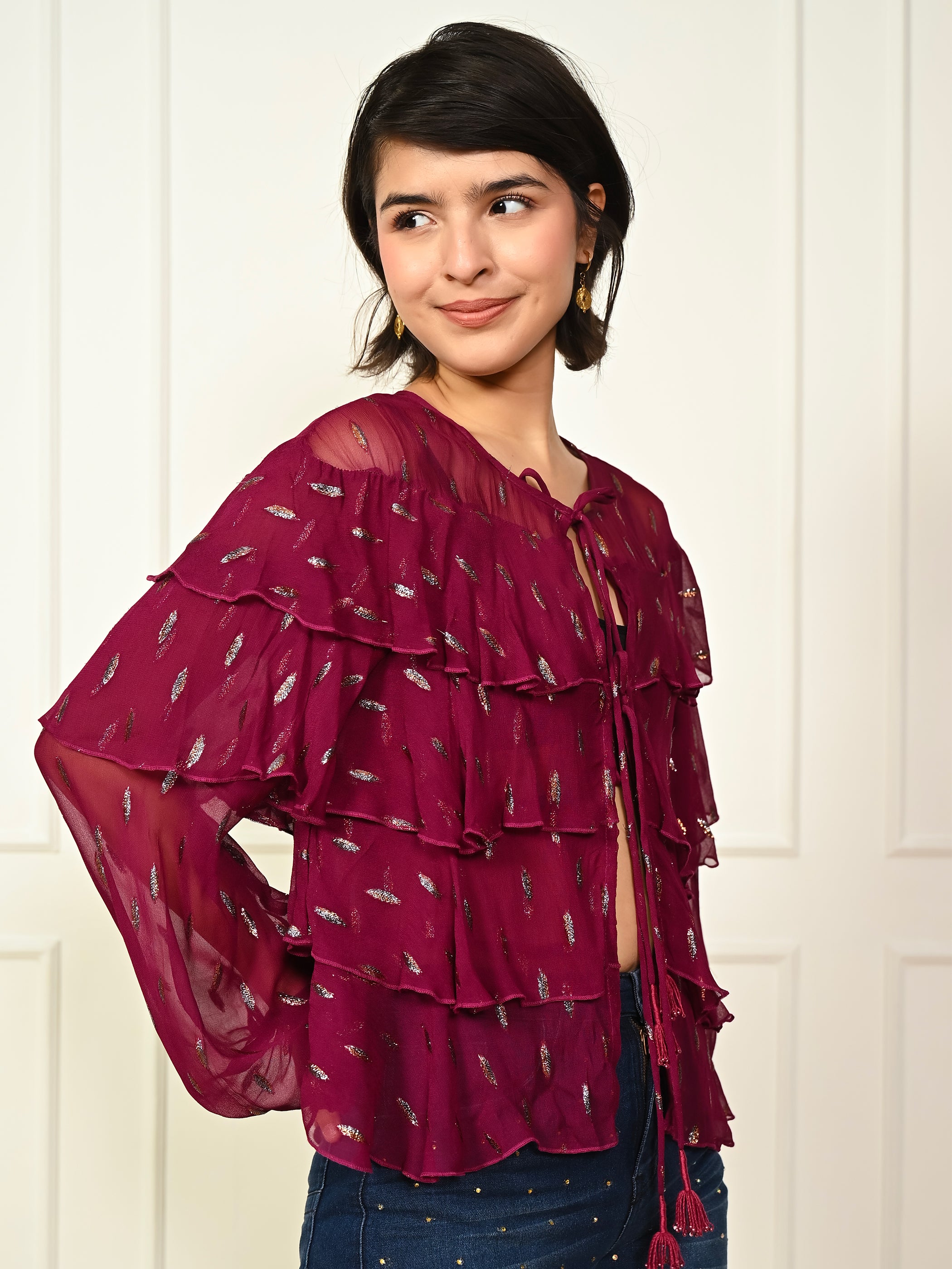 Talia Fuscia Pink Sparkle Frill Jacket