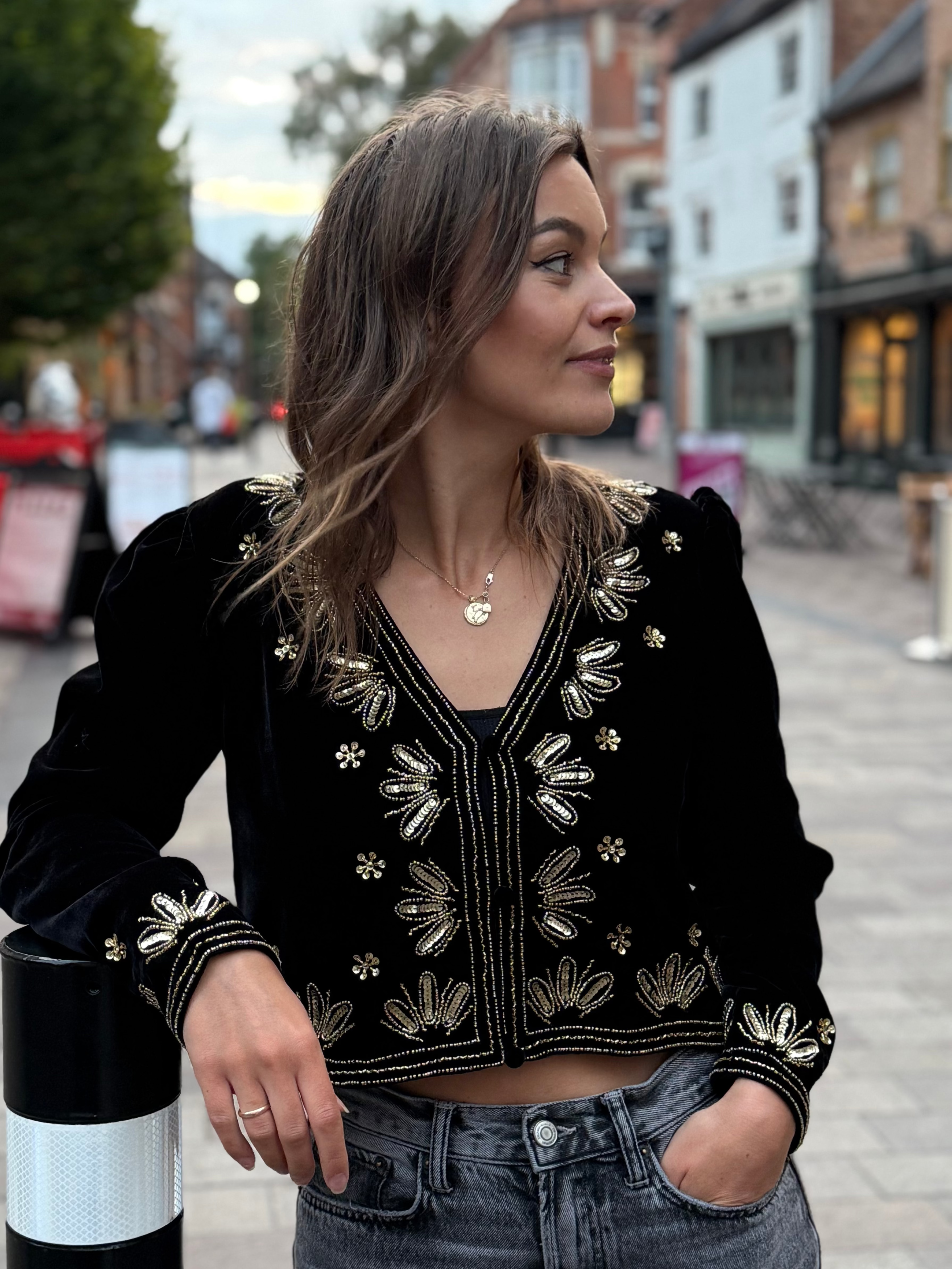 Celeste Black Velvet Embellished Trophy Jacket