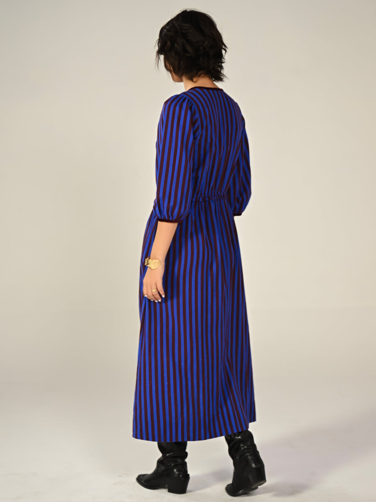 Isla Hand Smocked Blue And Burgundy Stripe Midi Dress