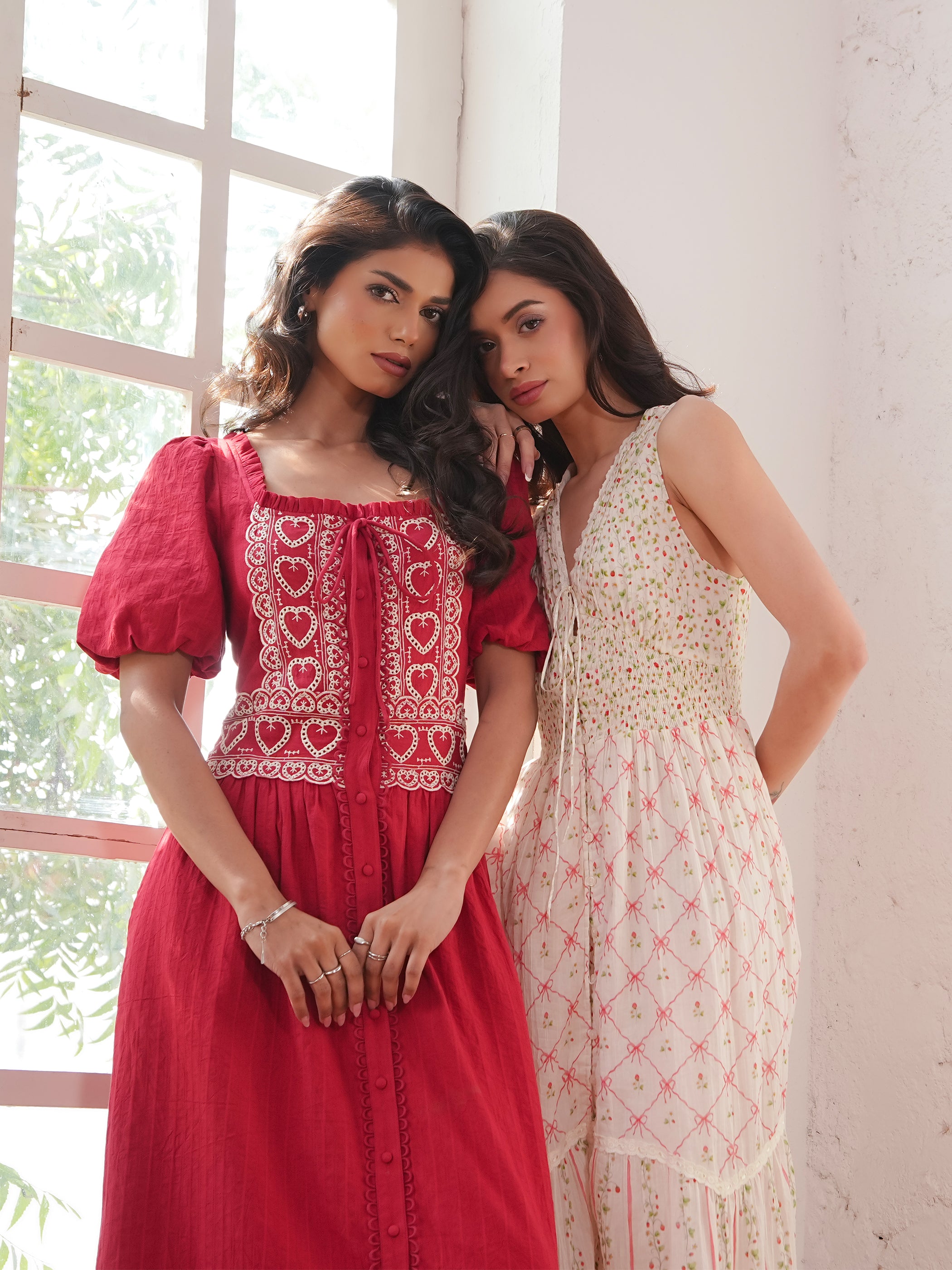 Harri Red And White Cotton Heart Embroidery Short Sleeve Maxi Dress