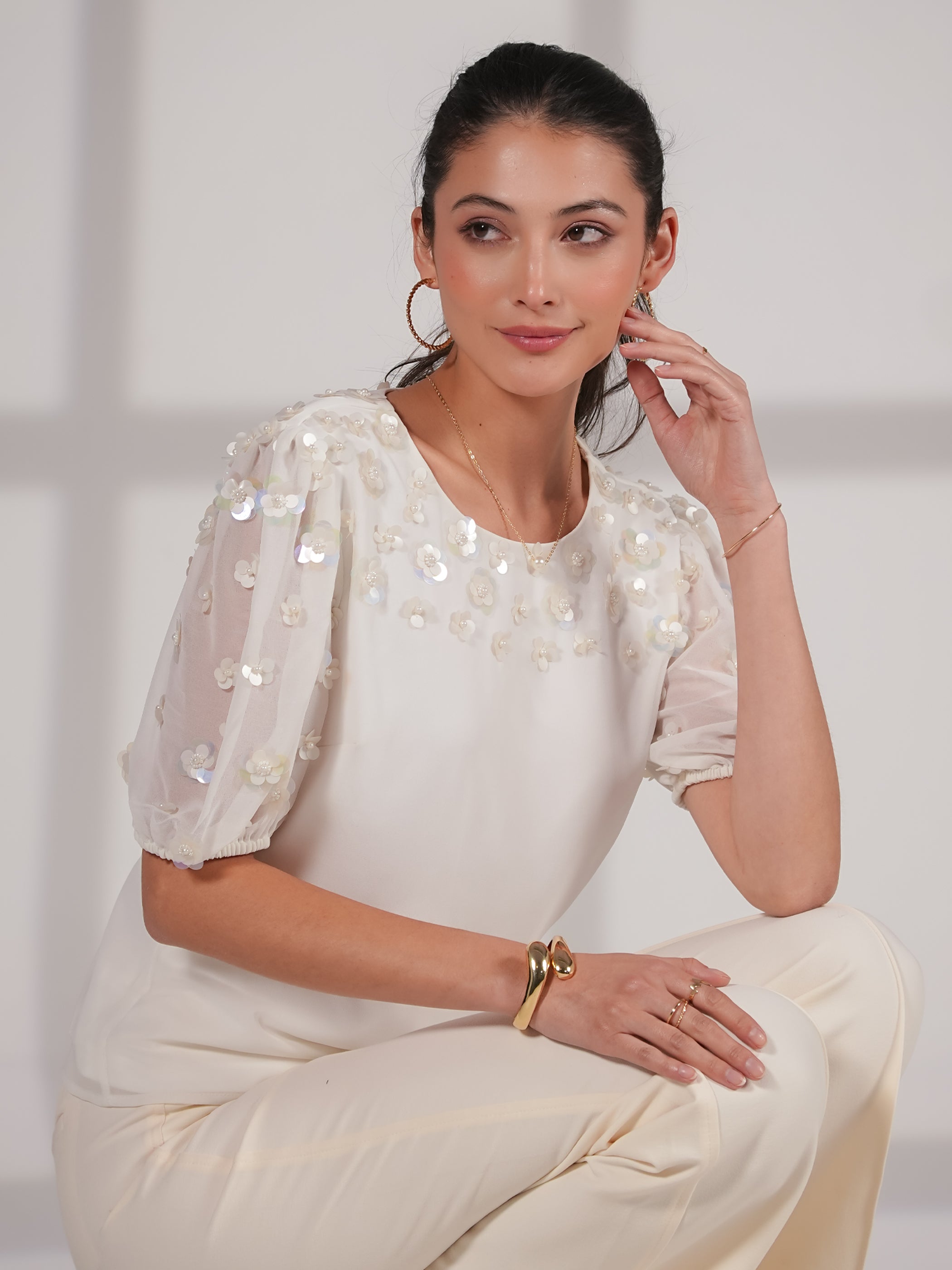 Morena Ivory Hand Embellished Top