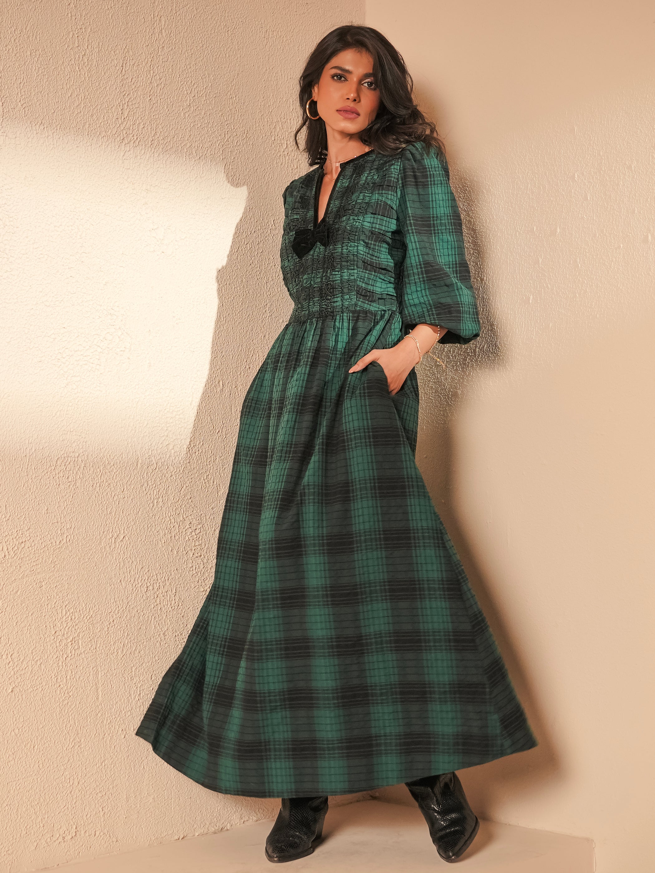 Iris Teal and Black Check Midi Dress