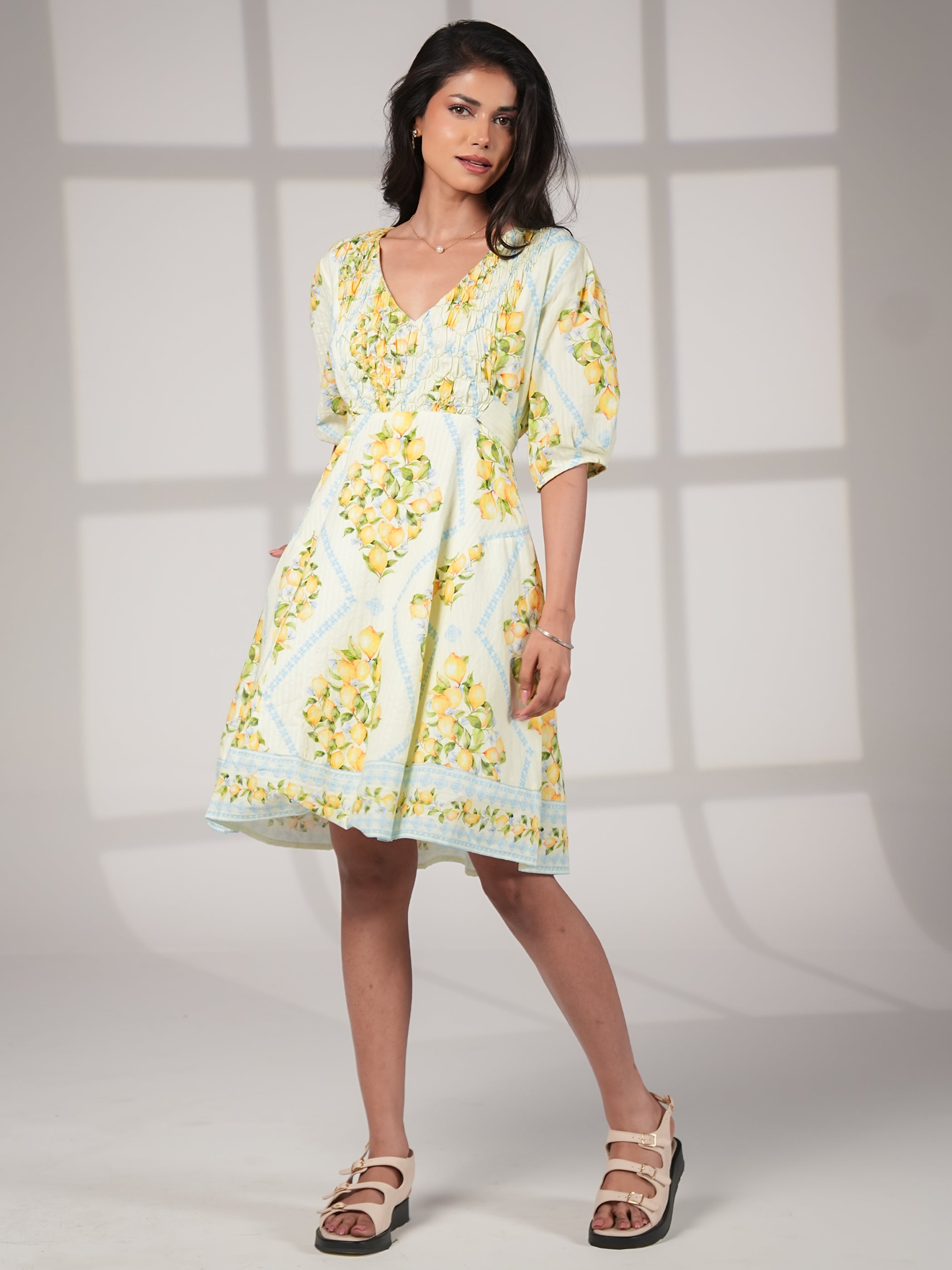 Kirsten Lemon Prnt Smock Detail Cotton Mini Dress