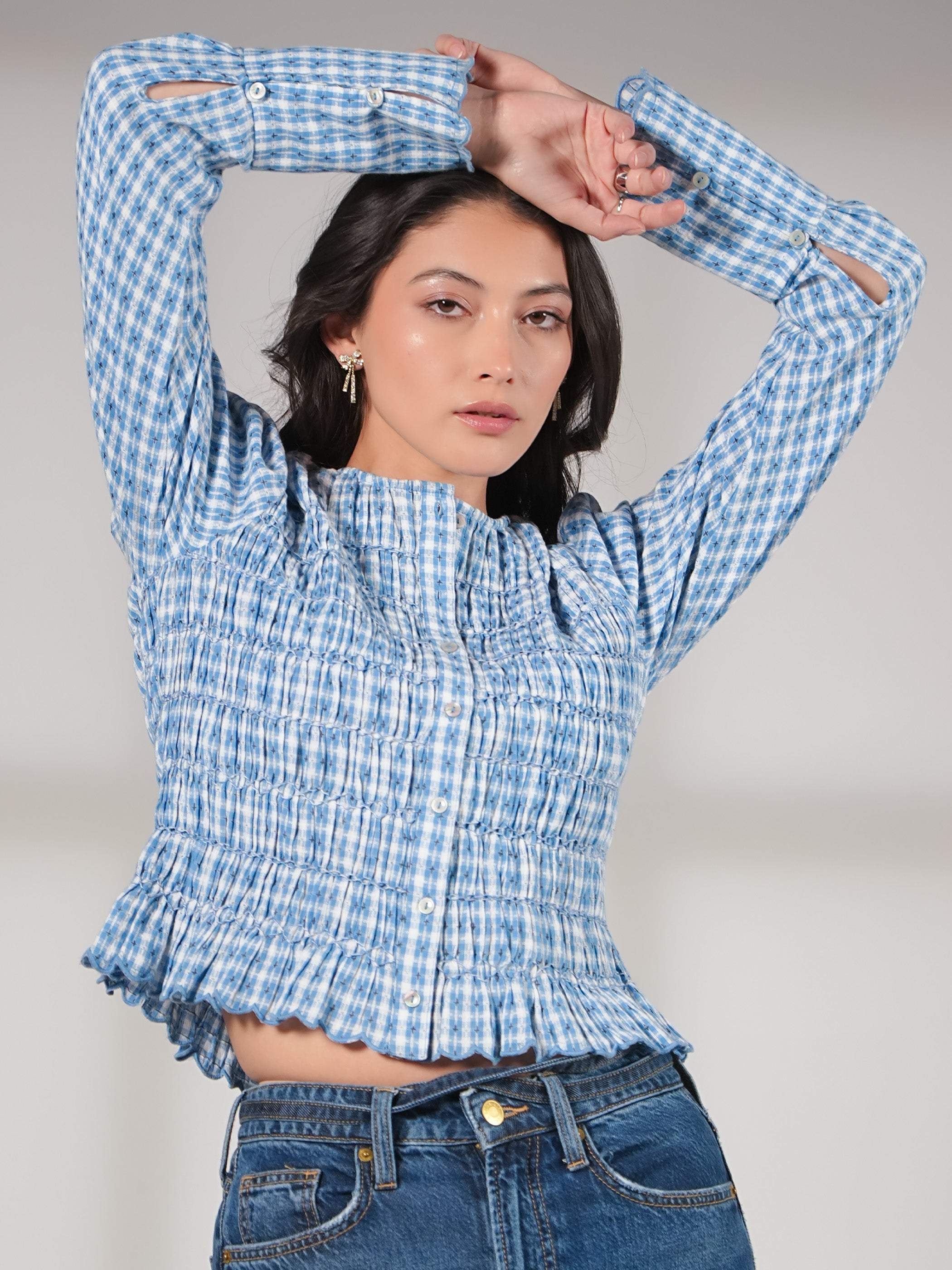 Mary Blue Gingham Check Smocked Blouse