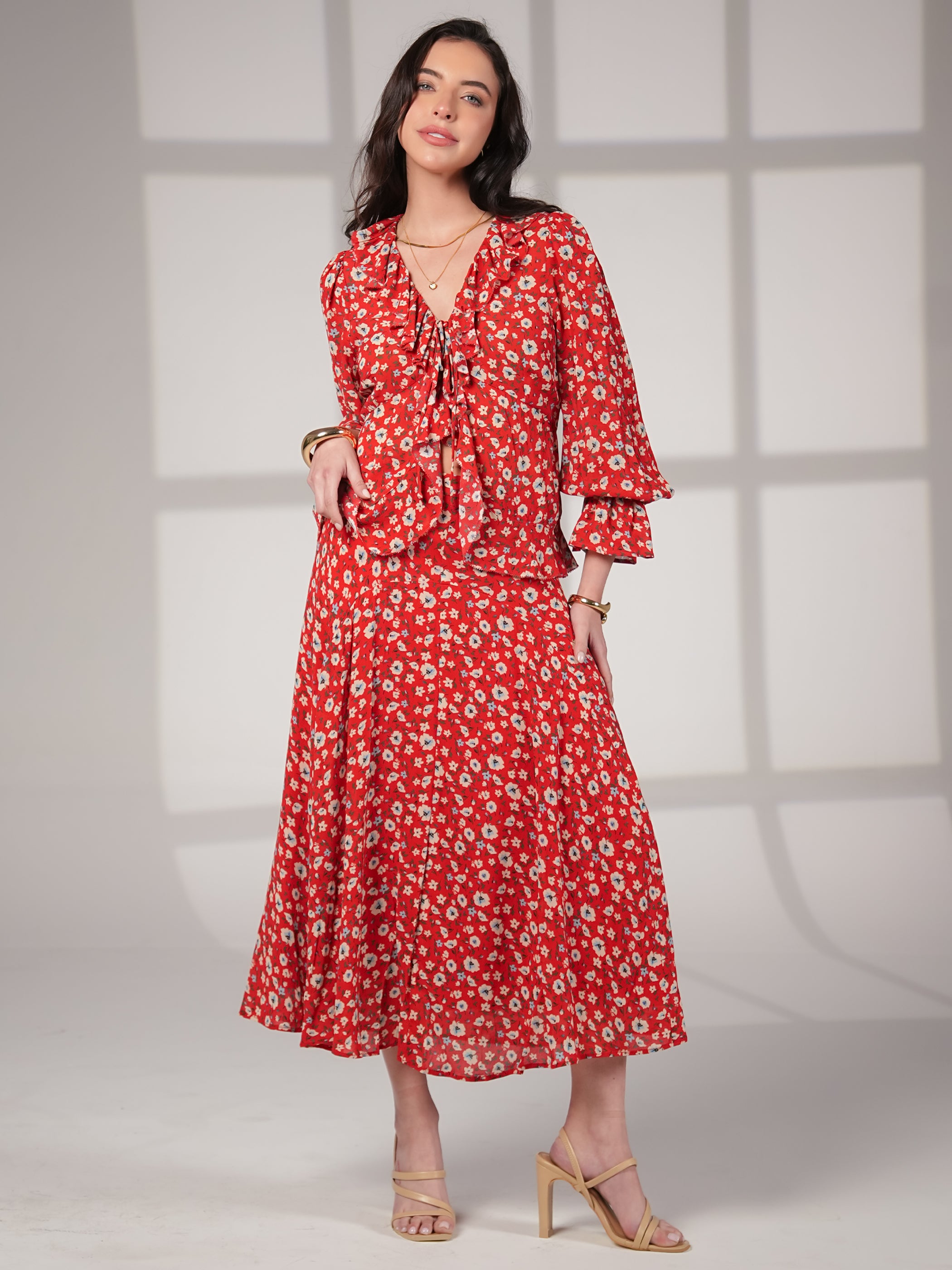 Philippa Red Floral Print Ruffle Blouse