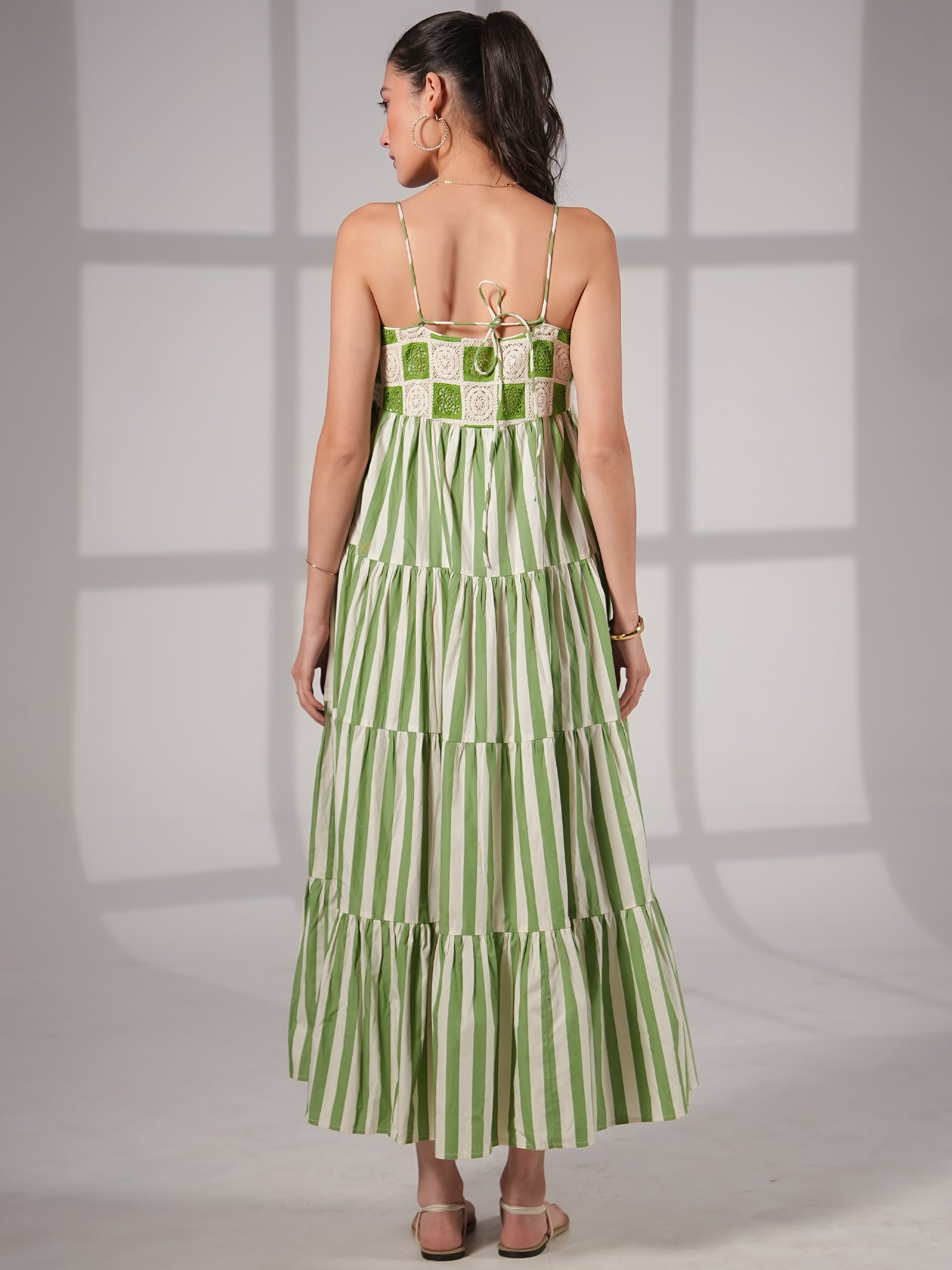 Helena Green Cotton Crochet Stripe Maxi Sun Dress