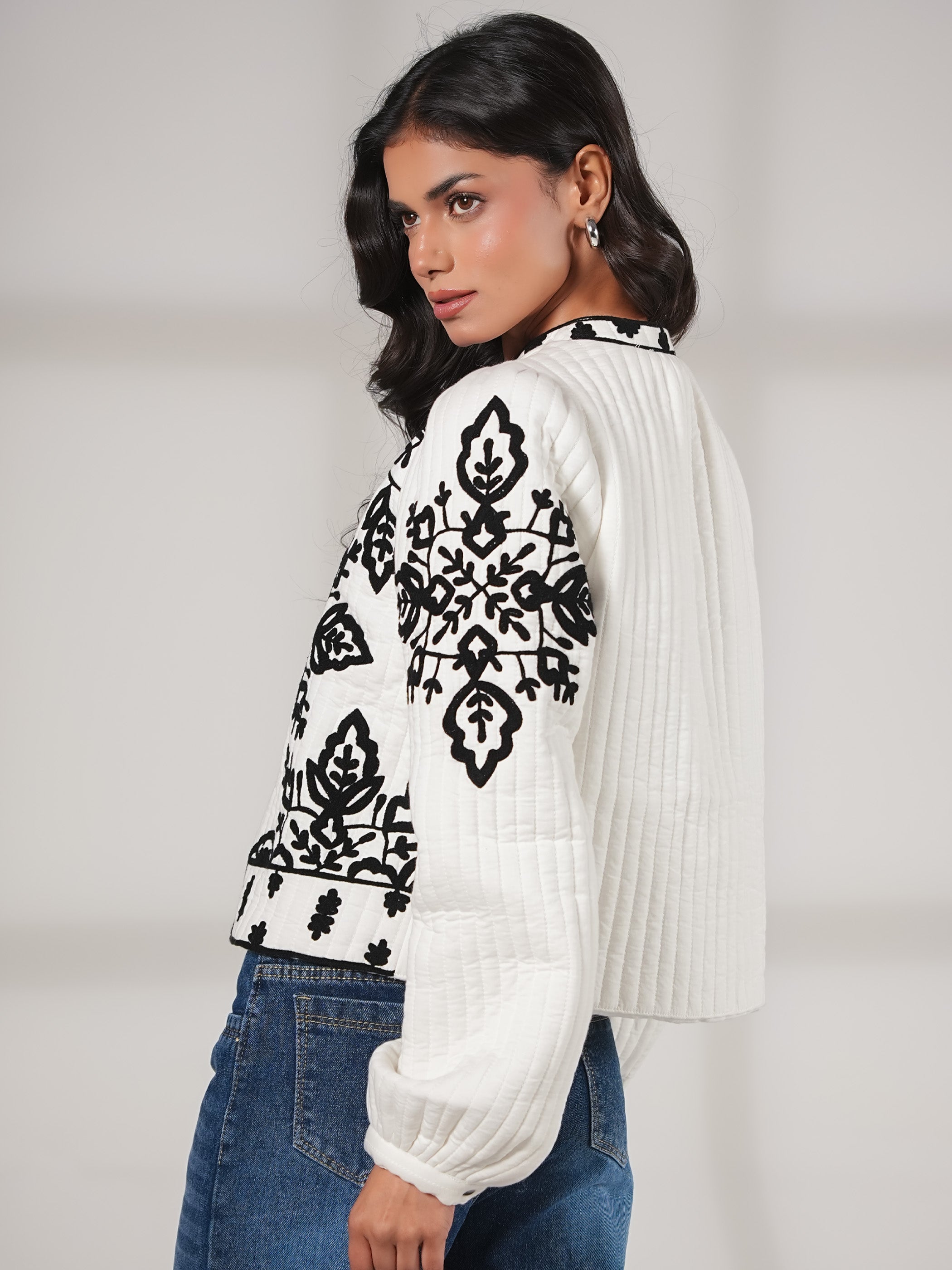 Lori Black And White Padded Embroidered Jacket