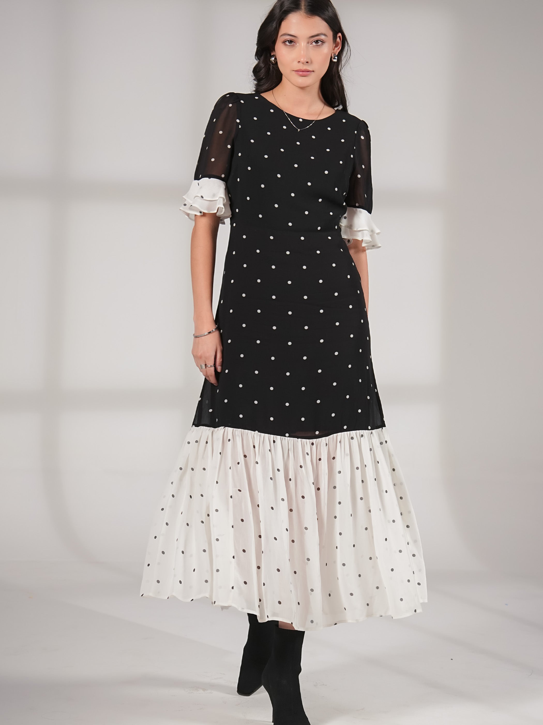 Saphi Black and White Pindot Spot Midi Dress