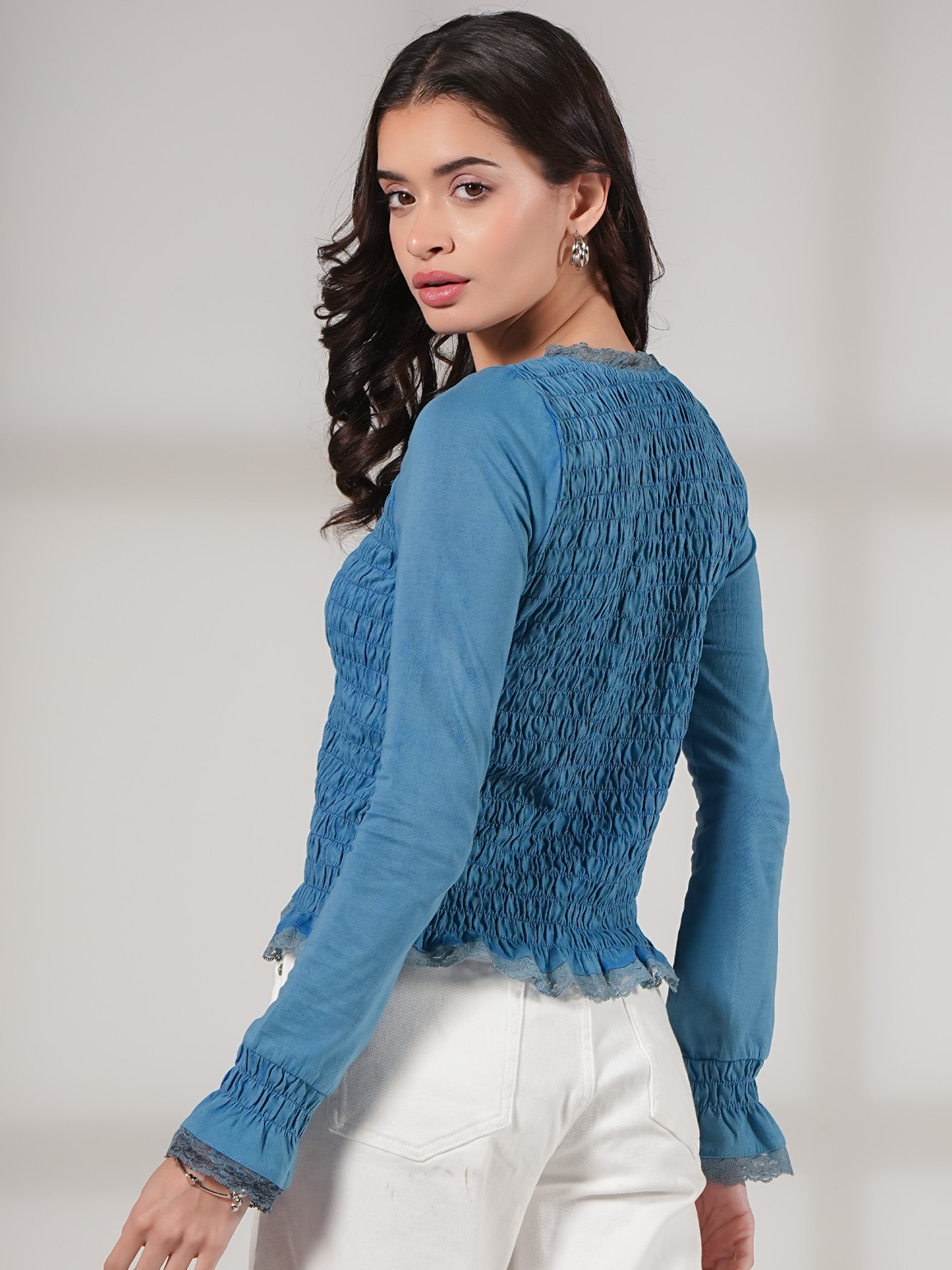 Gia Blue Washed Jersey Smocked Top