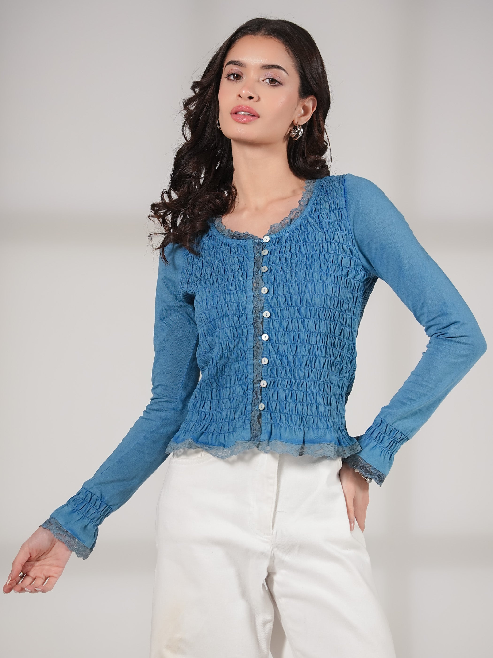 Gia Blue Washed Jersey Smocked Top