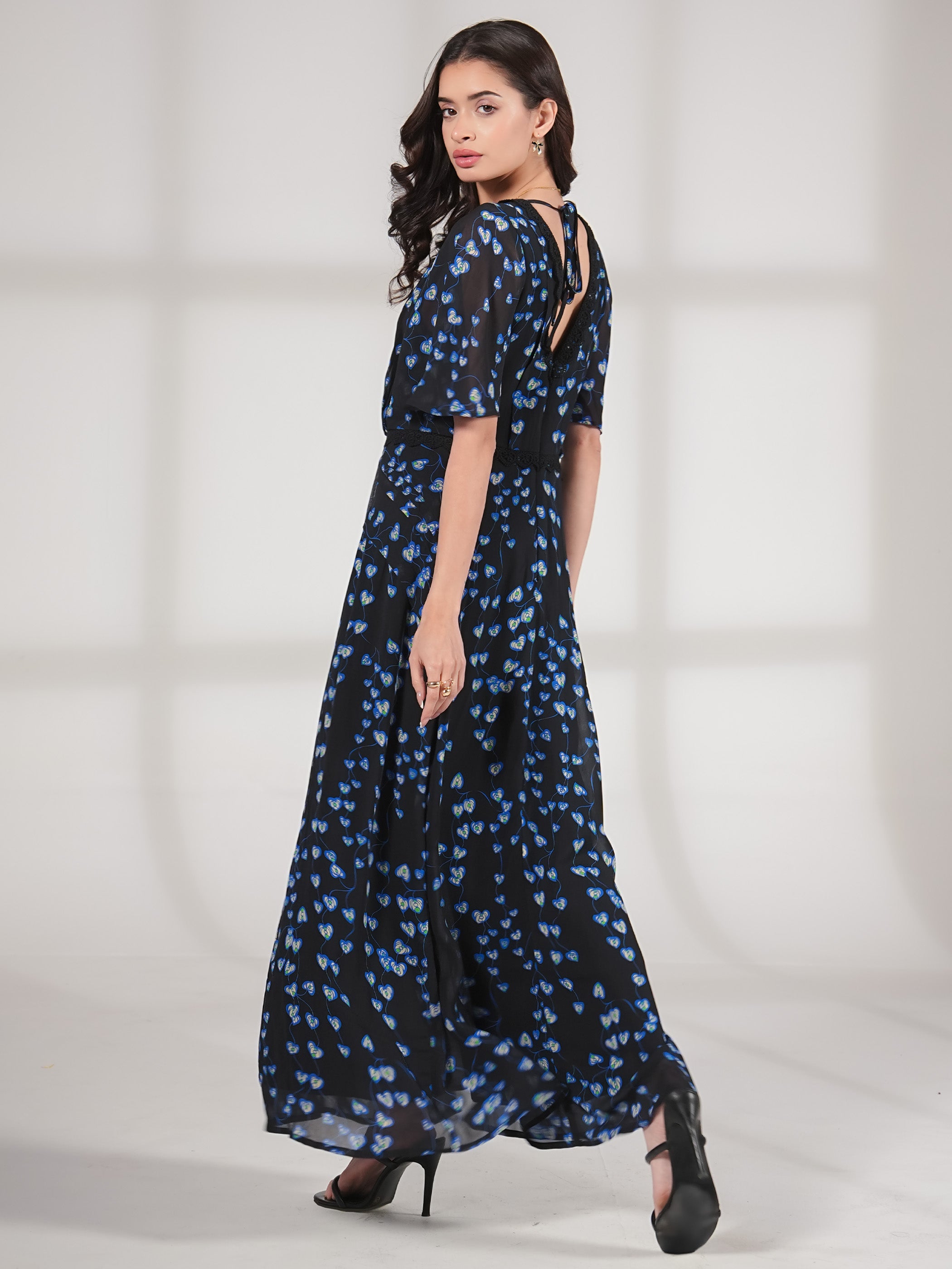 Pippa Black Blue Floral Lace trim Maxi Dress