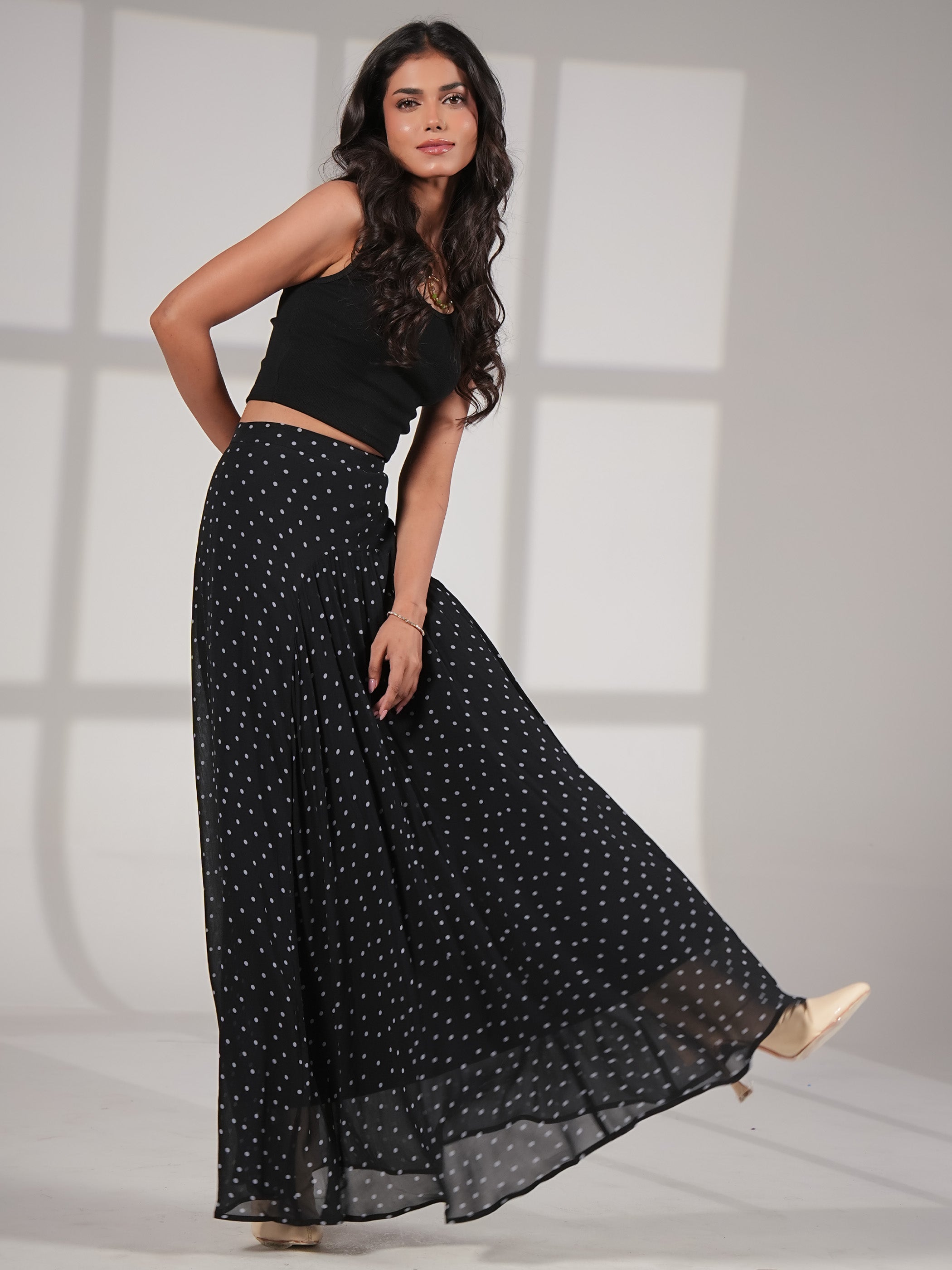 Elsie Black Blue Spot Maxi Skirt