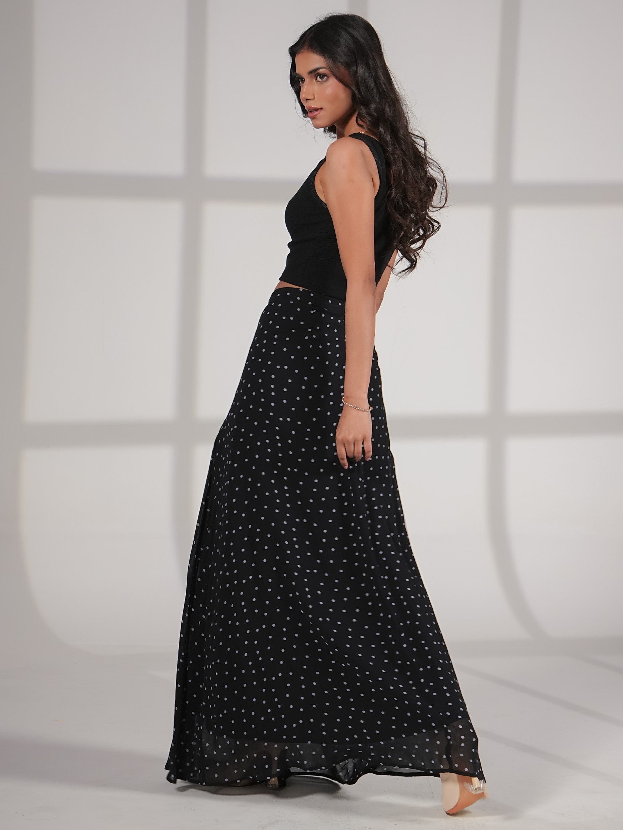 Elsie Black Blue Spot Maxi Skirt