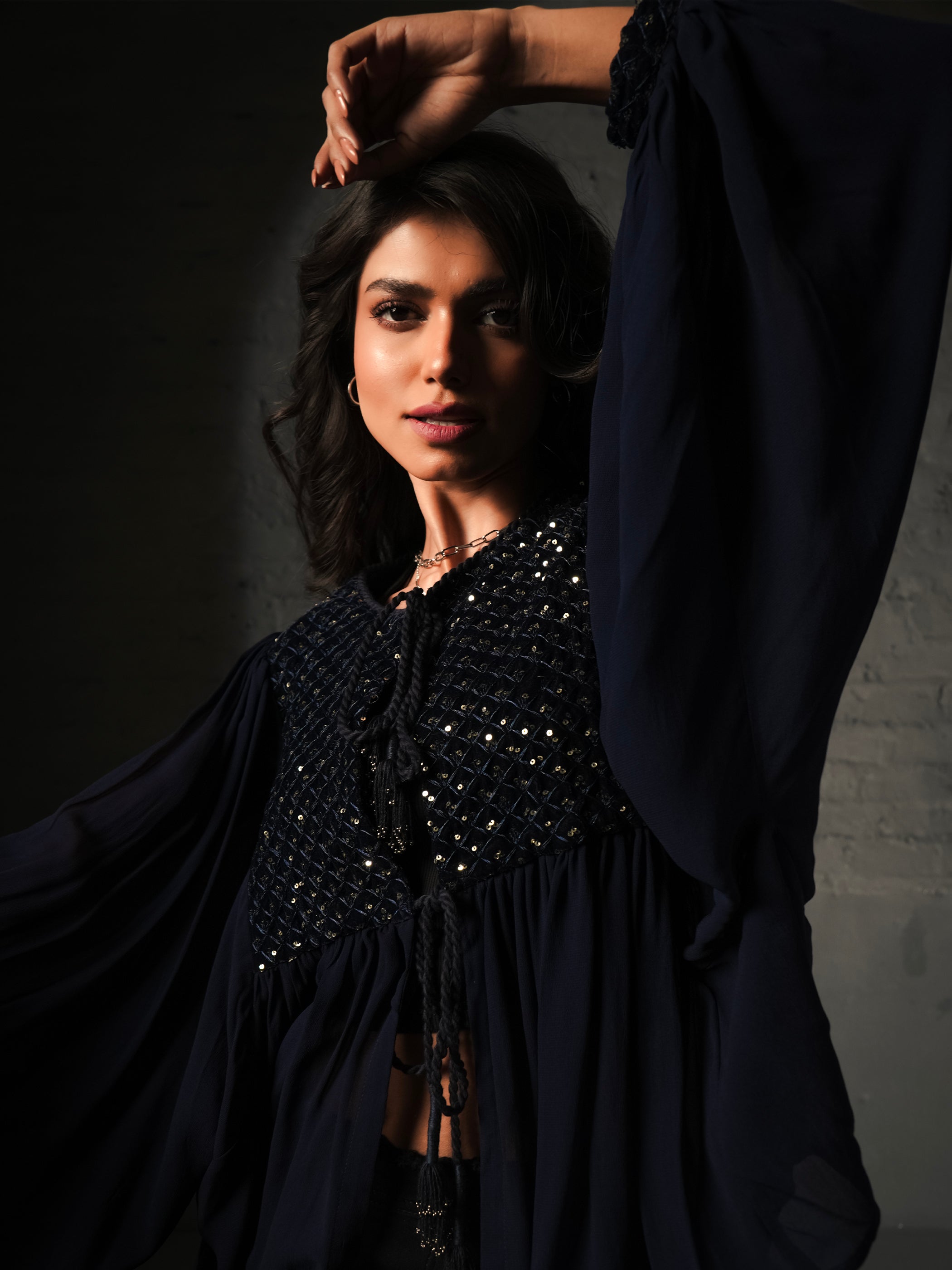 Arianna Dark Navy Velvet Sequin Panel throw-on tie Blouse