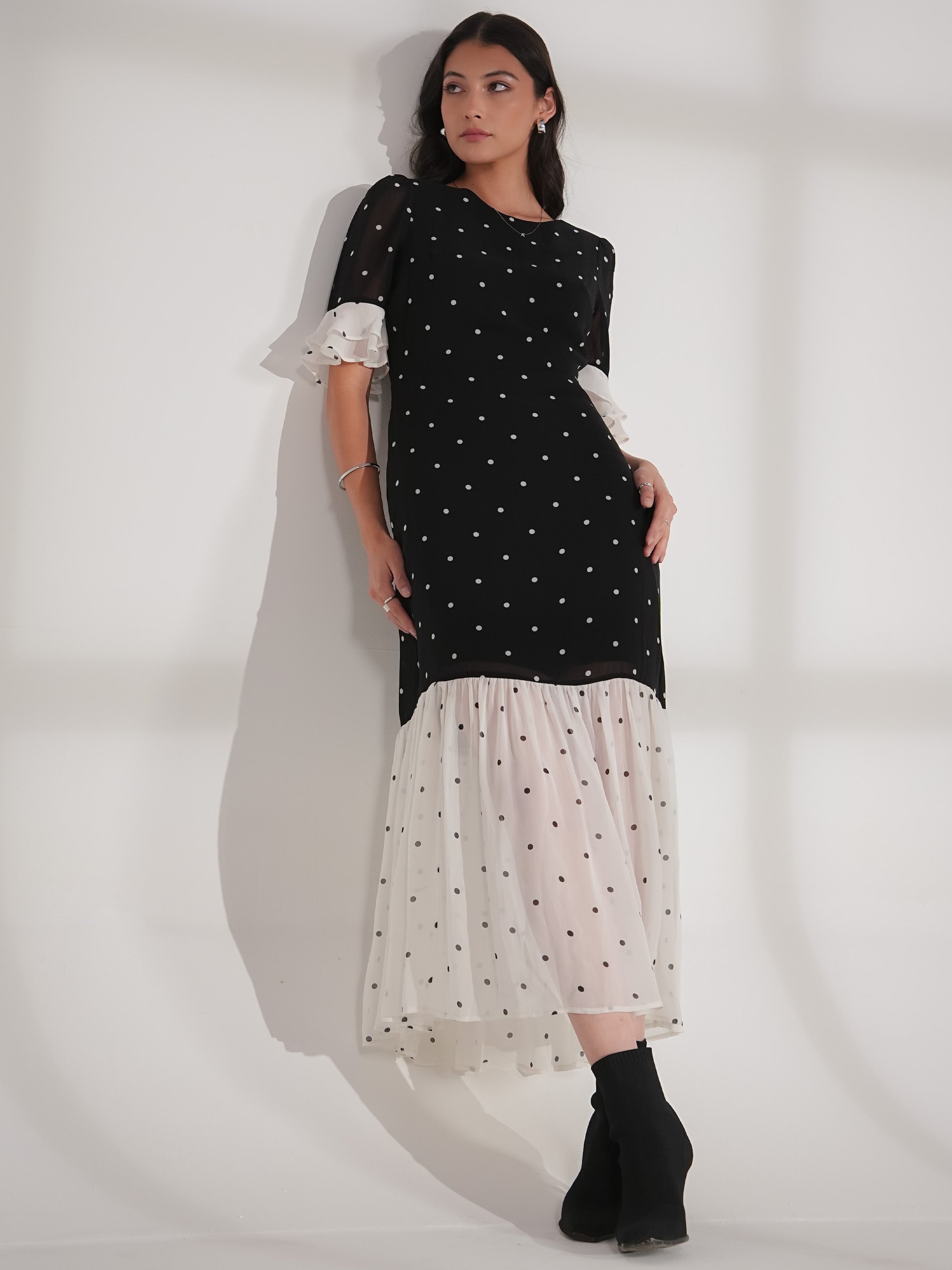 Saphi Black and White Pindot Spot Midi Dress
