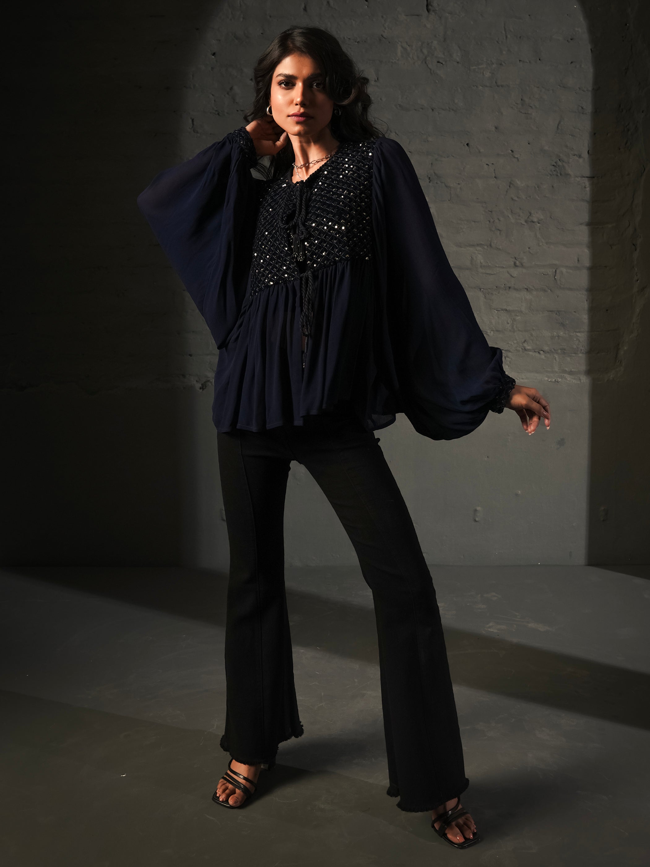 Arianna Dark Navy Velvet Sequin Panel throw-on tie Blouse