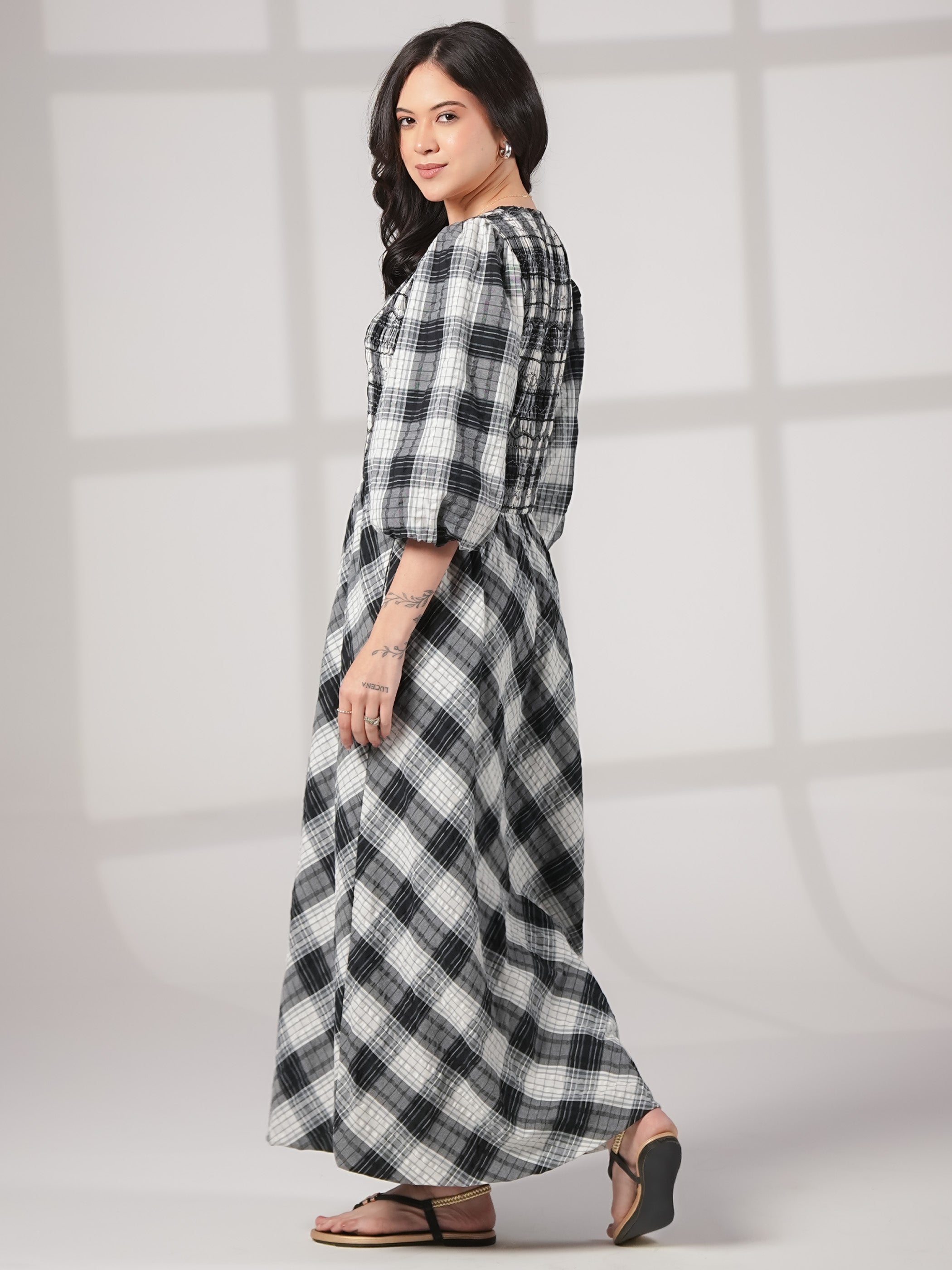 Nella Black and White Check Smocked Midi Dress