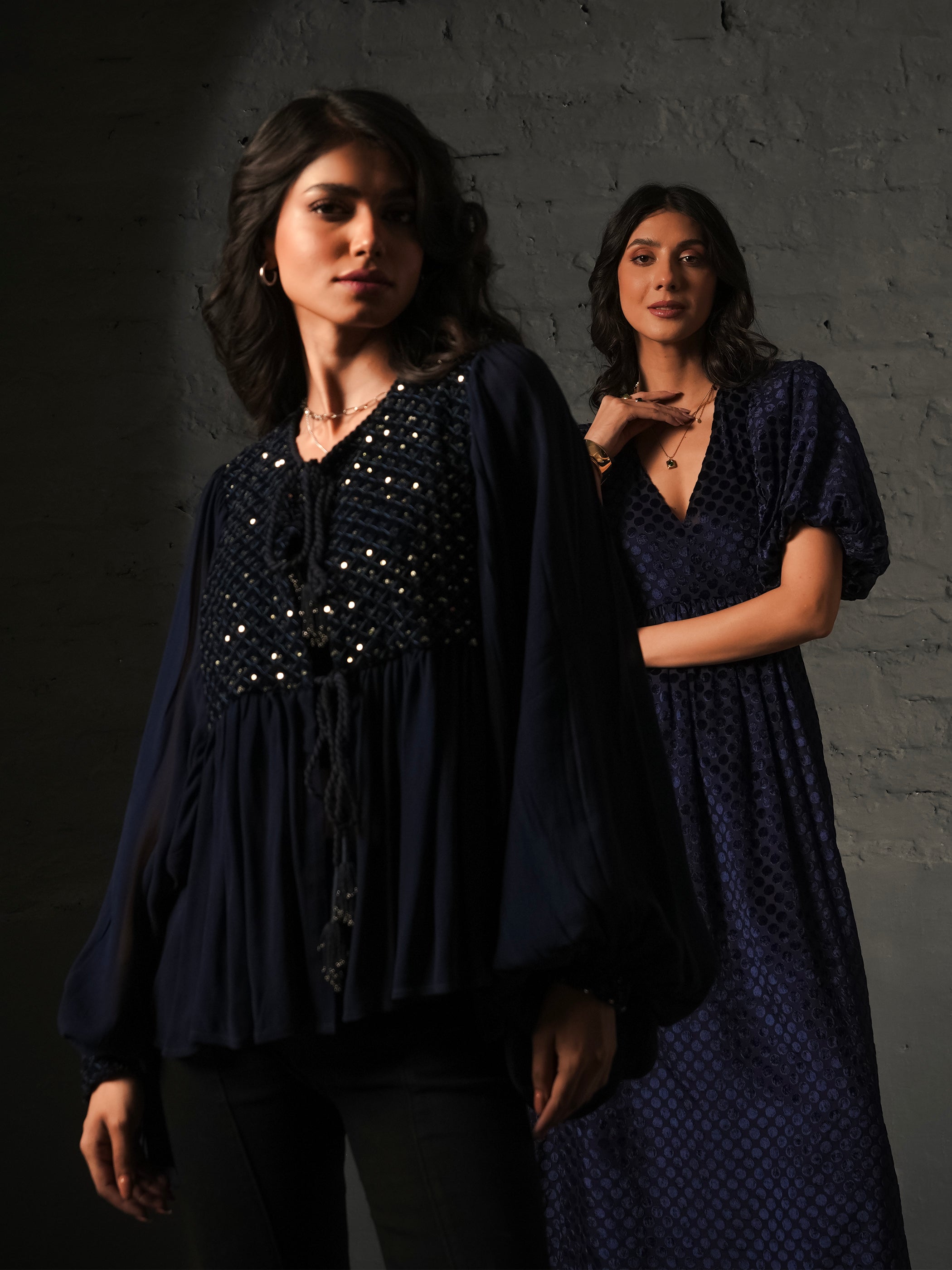 Arianna Dark Navy Velvet Sequin Panel throw-on tie Blouse