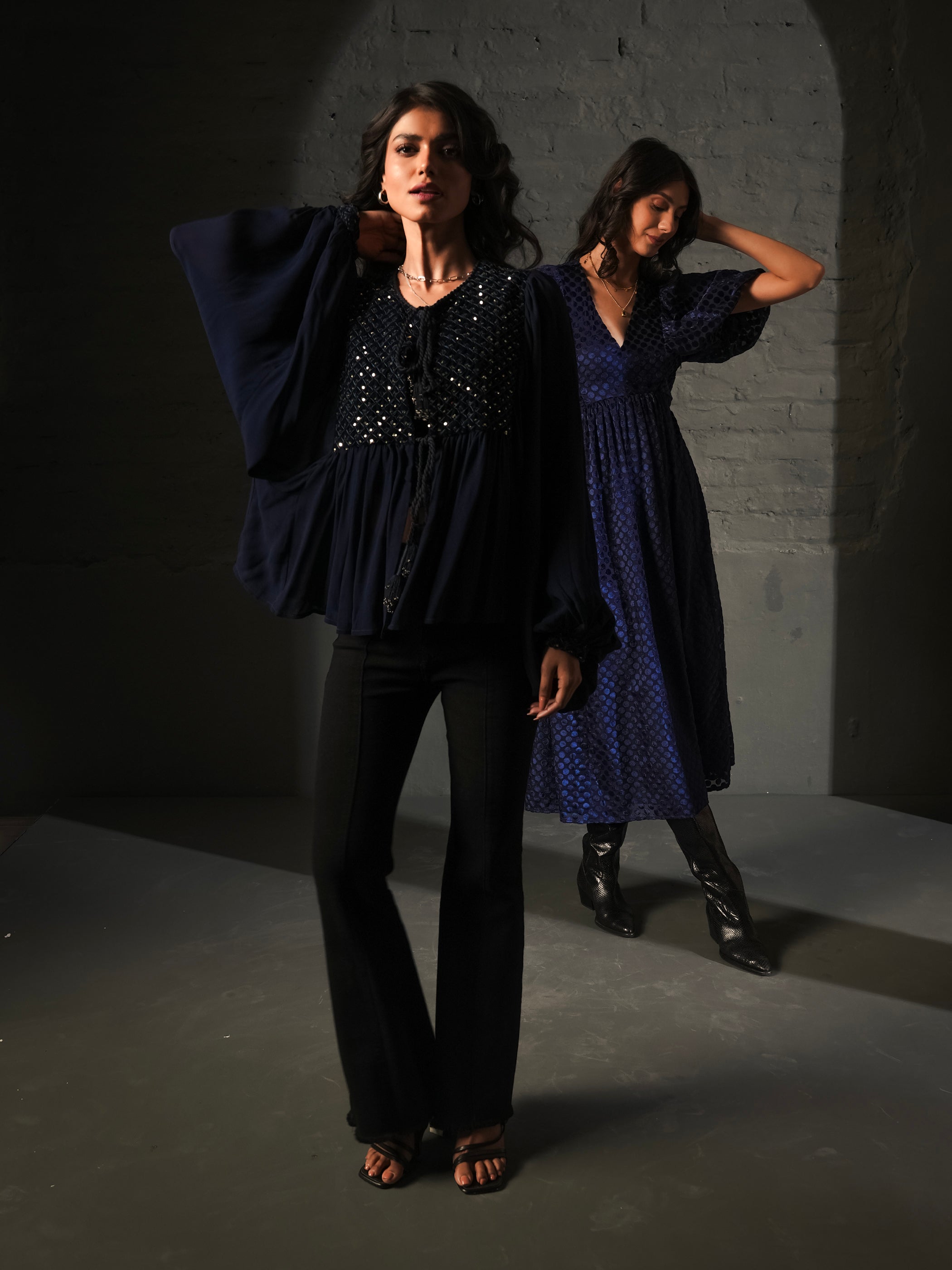 Arianna Dark Navy Velvet Sequin Panel throw-on tie Blouse