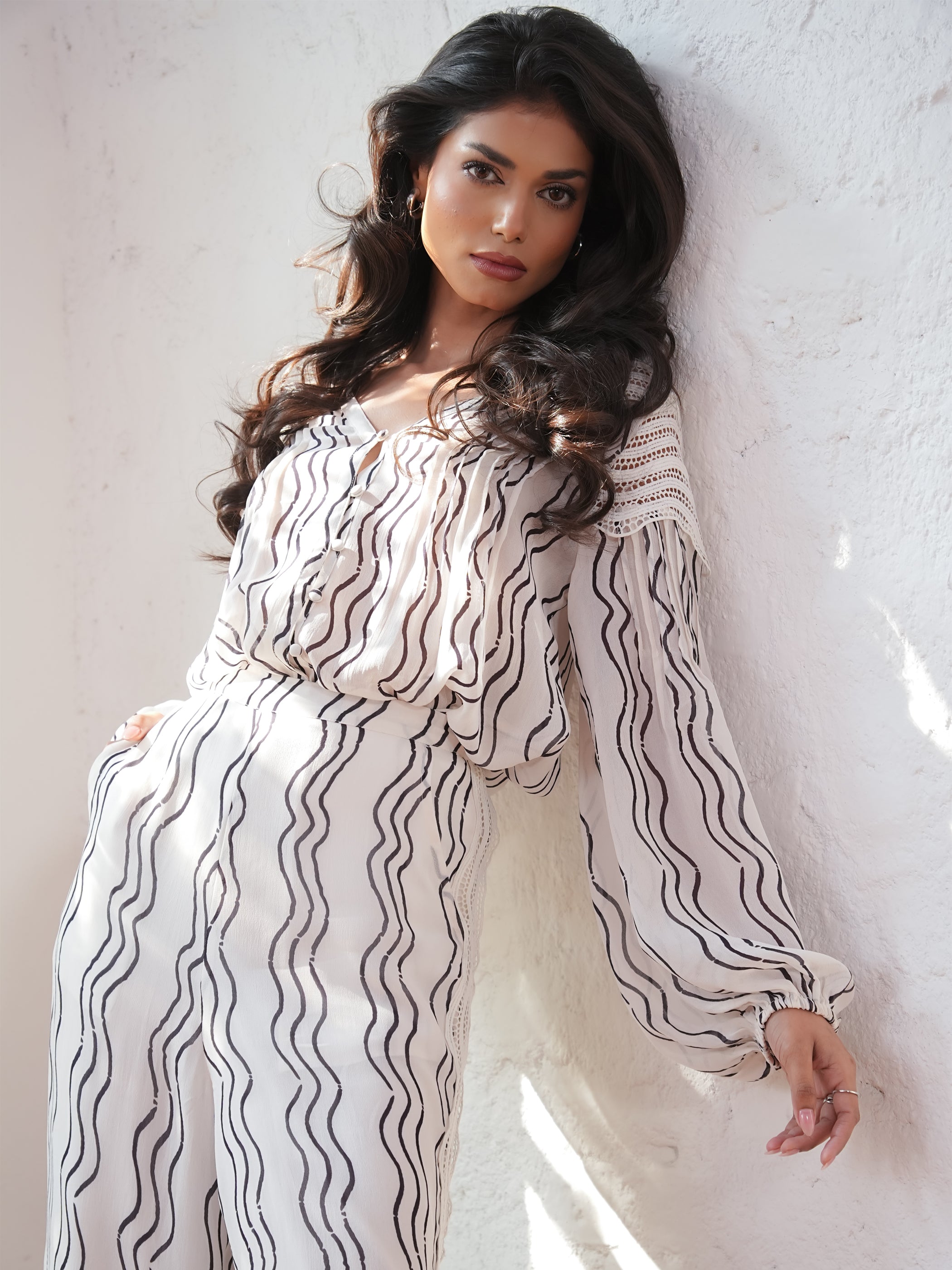 Corinne Cream Waves Print Lace Trim Blouse