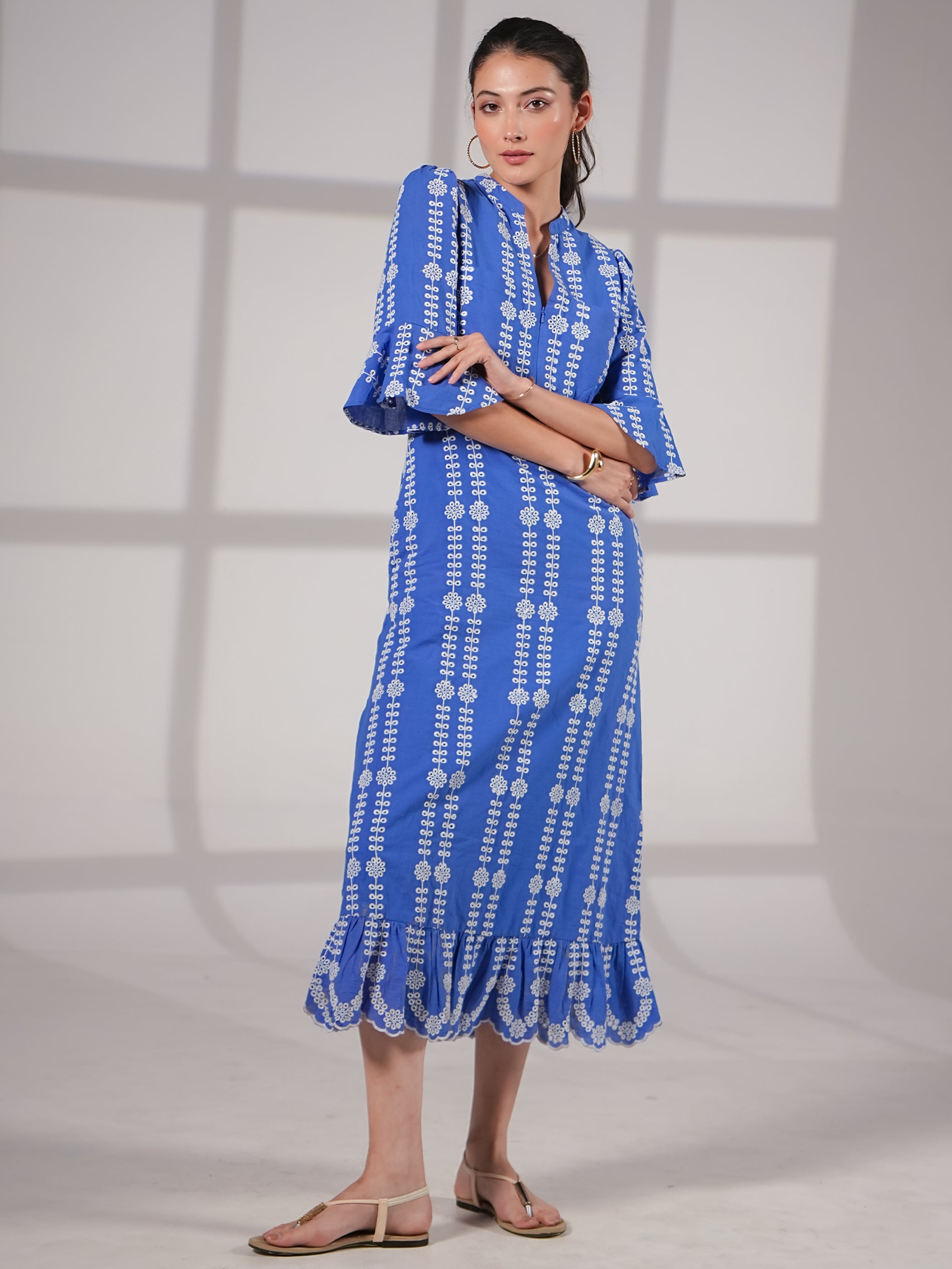 Cat Blue Cotton Broderie Midi Dress