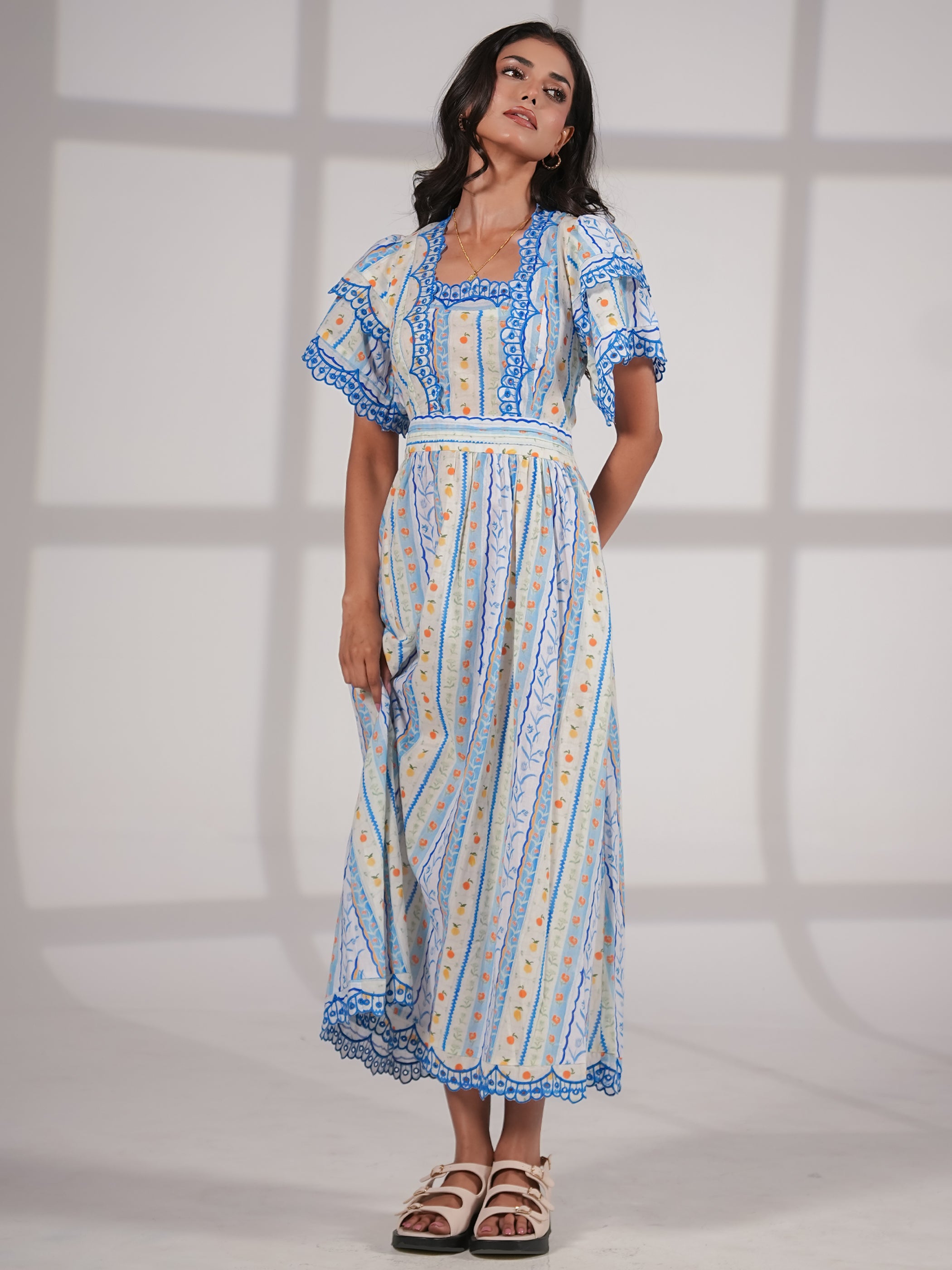 Bella Blue An White Ditsy Print Embroidered Midi Dress