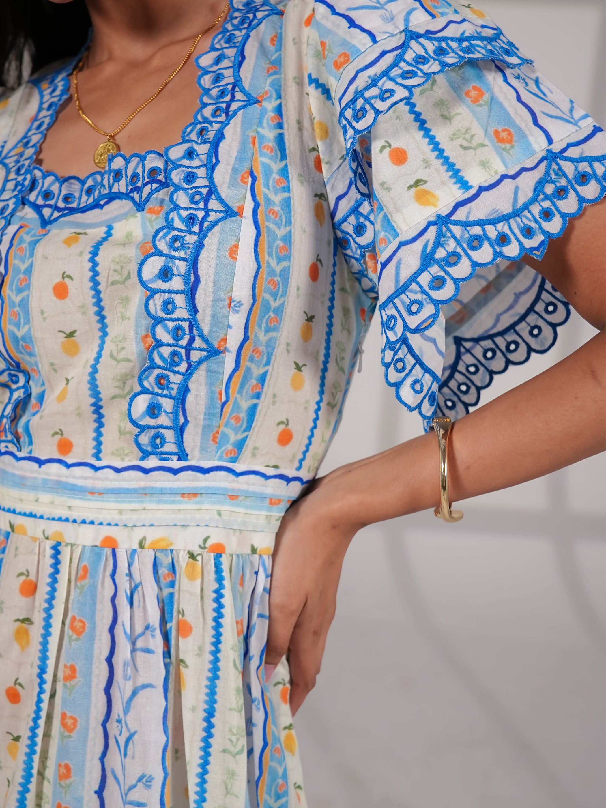 Bella Blue An White Ditsy Print Embroidered Midi Dress