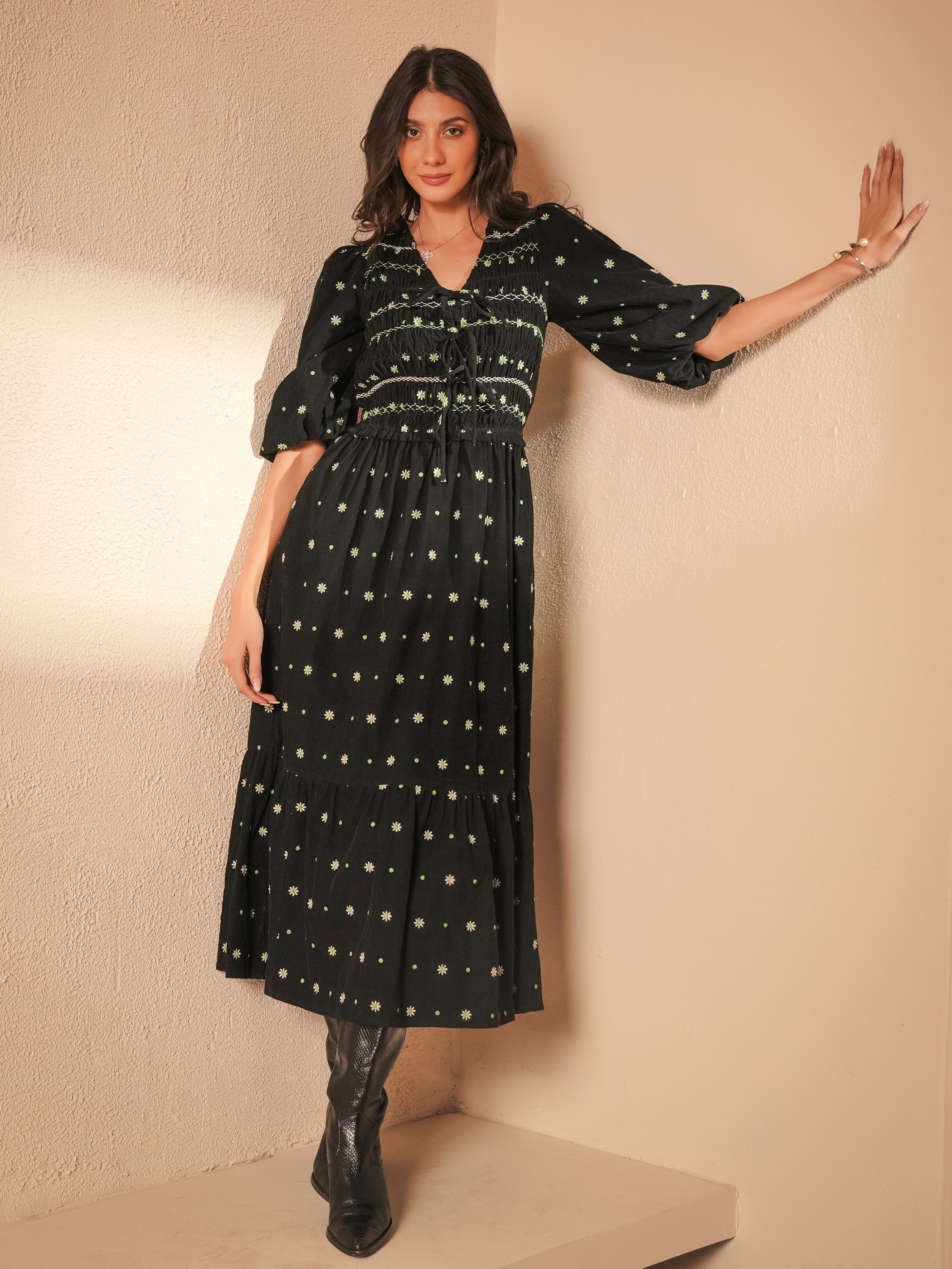 Eddie Black Cord Embroidered Polka Dot Maxi Dress