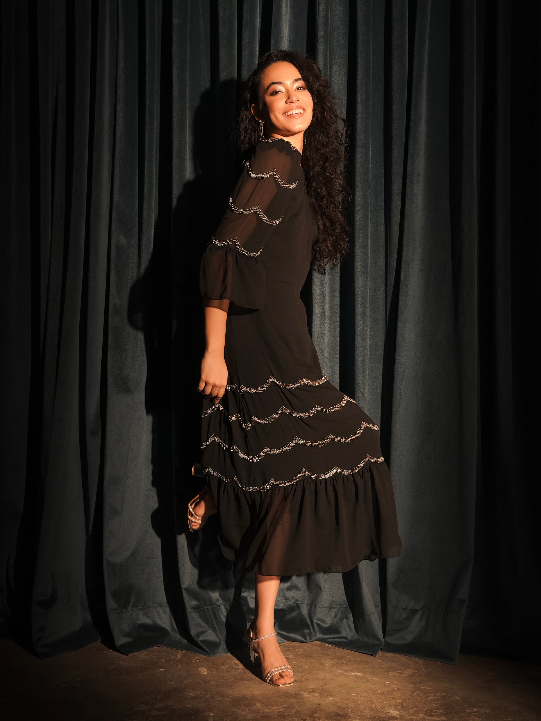 Georgie Black and Silver Scallop Bead Midi Dress