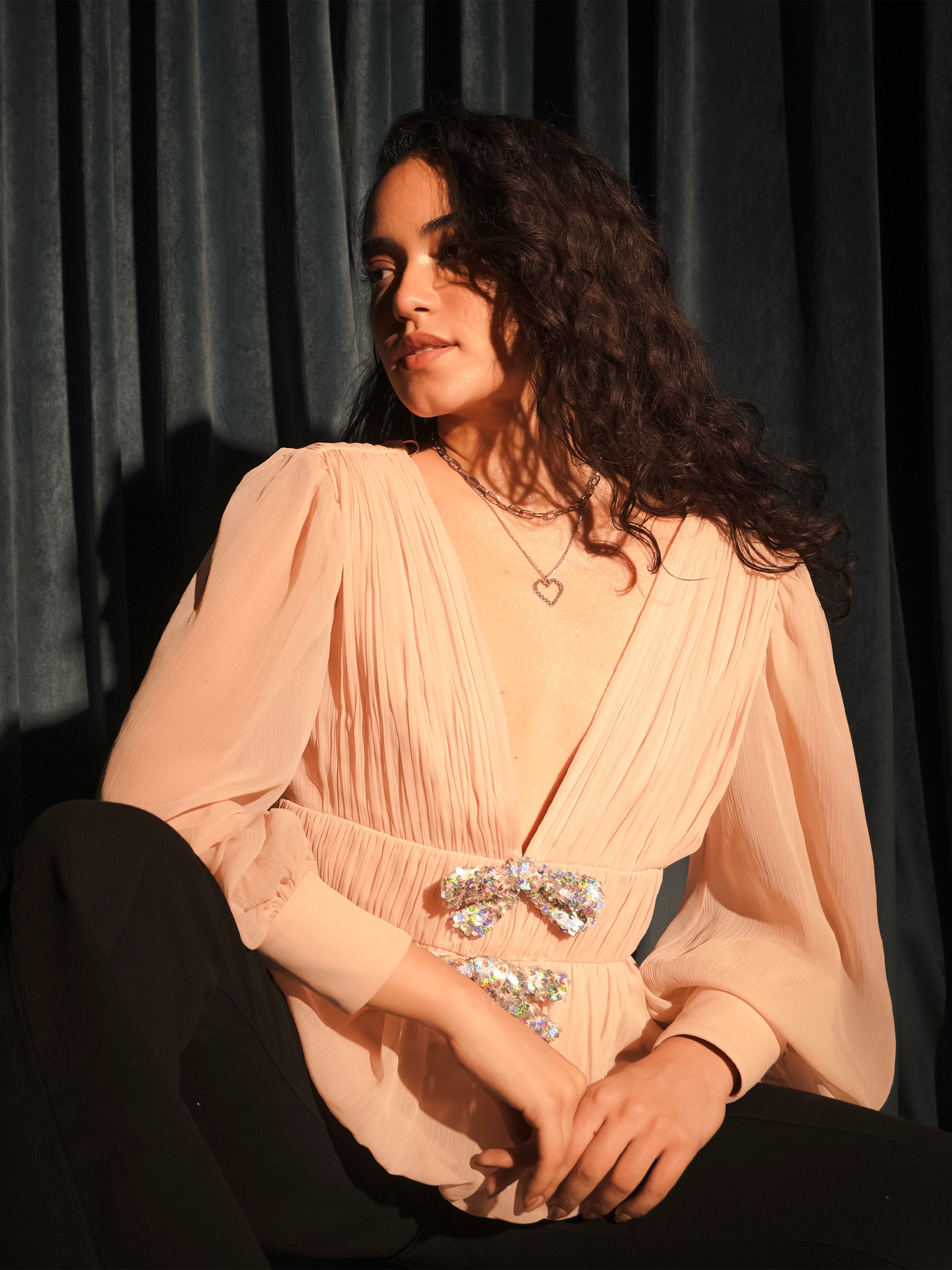 Anais Pink Hand Beaded Bow Blouse