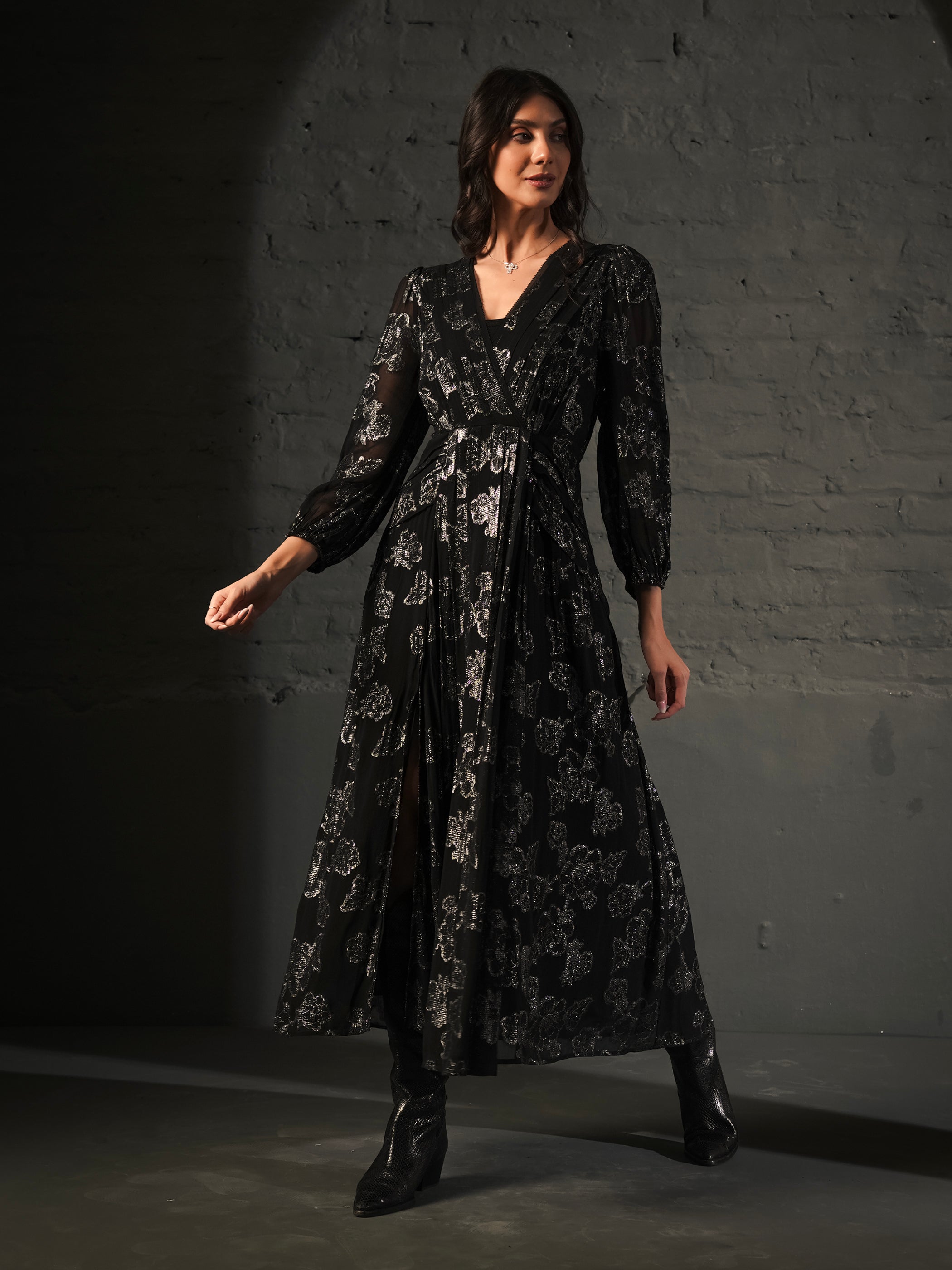 Dahlia Black Silver Midi Dress