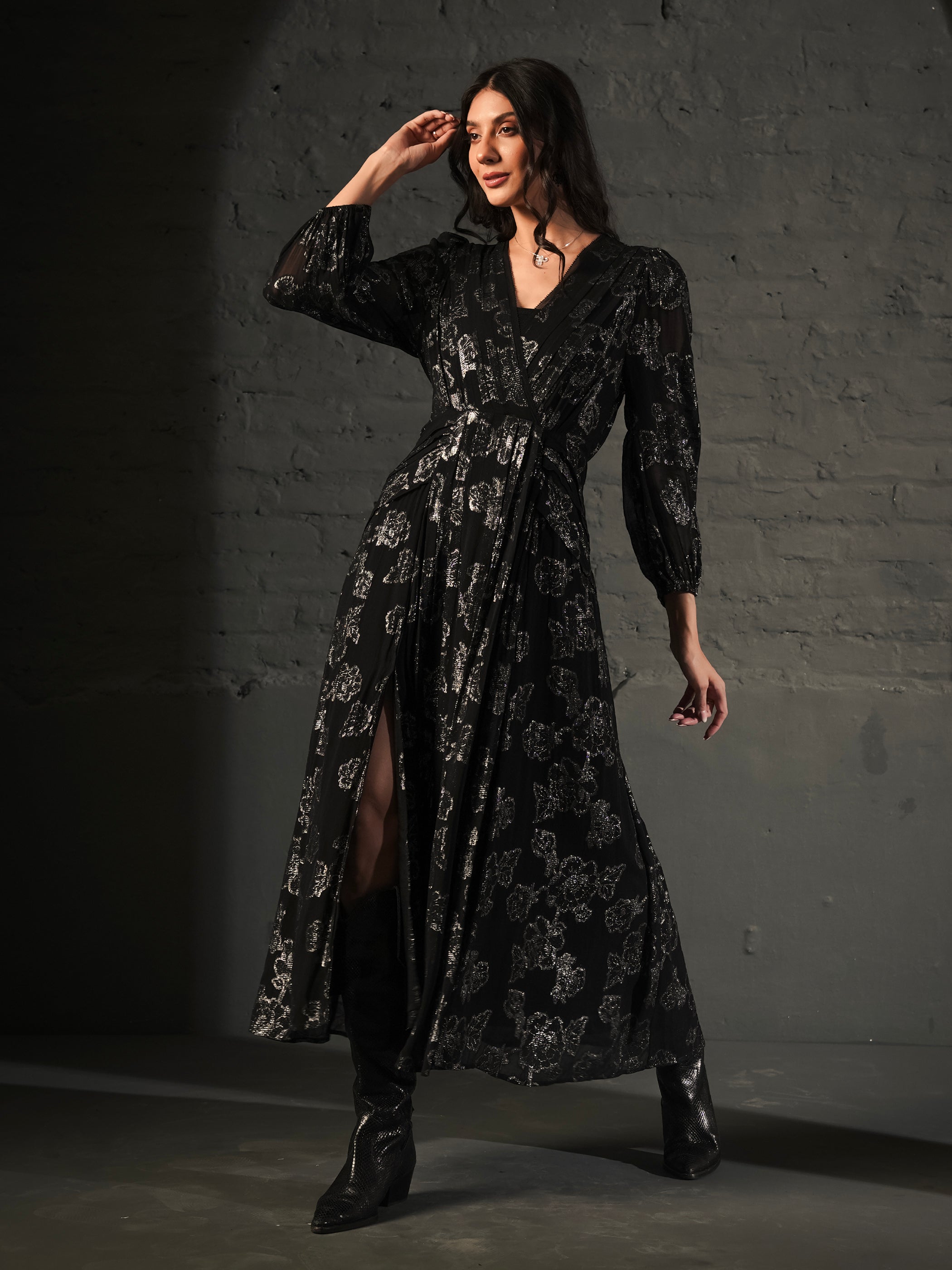 Dahlia Black Silver Midi Dress