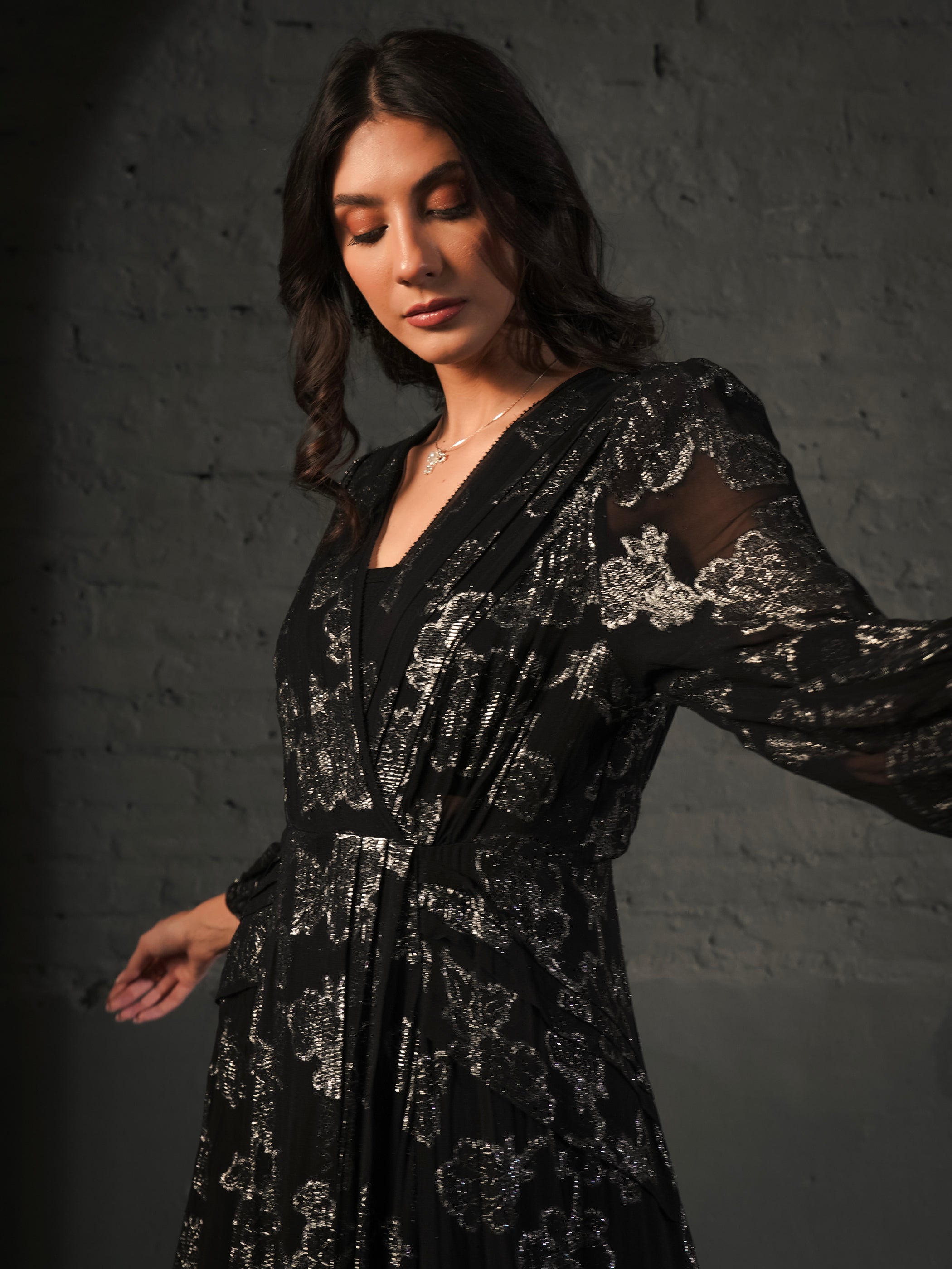 Dahlia Black Silver Midi Dress