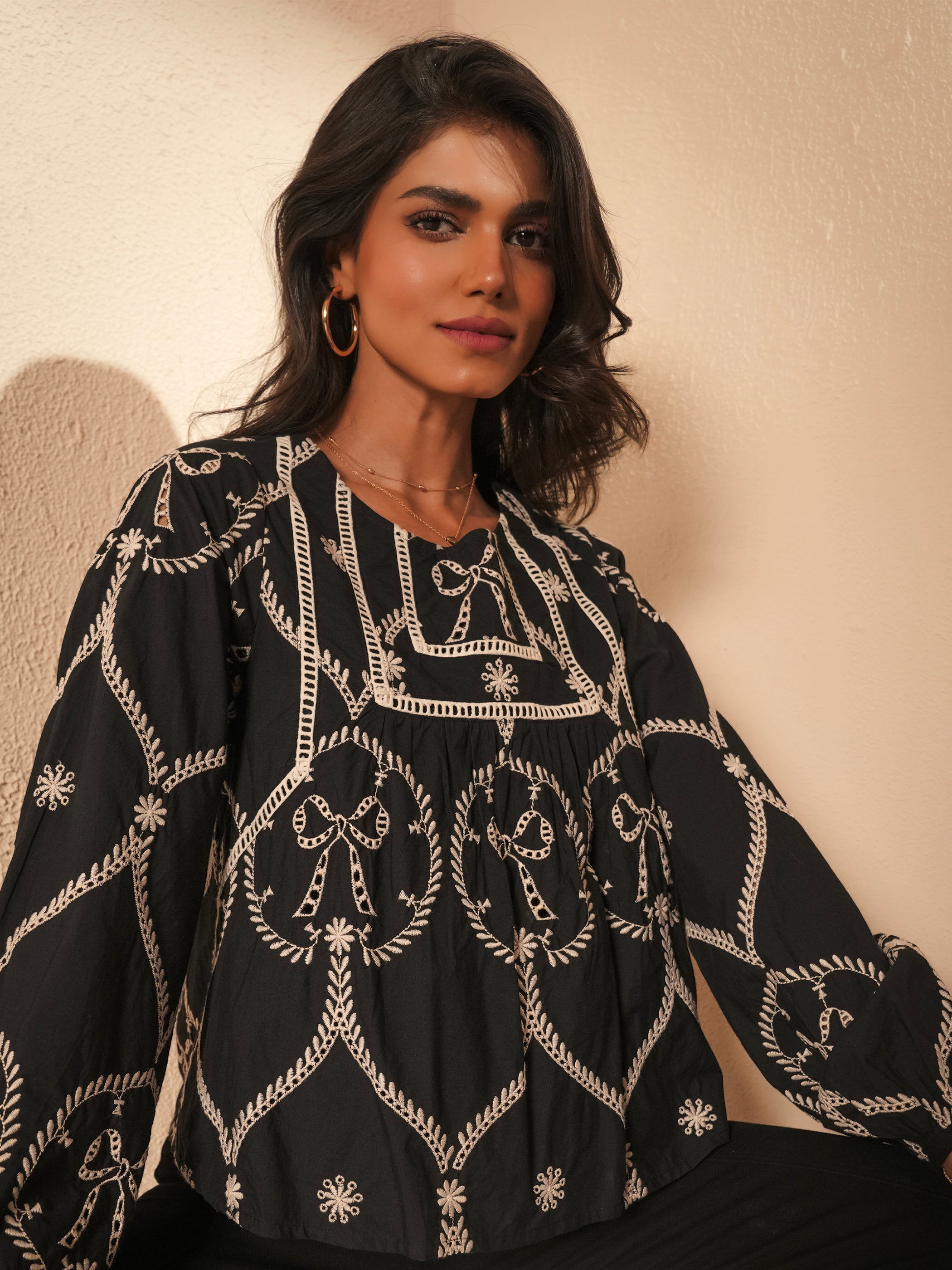Charlie Black and ivory Bow embroidered Long Sleeve Blouse