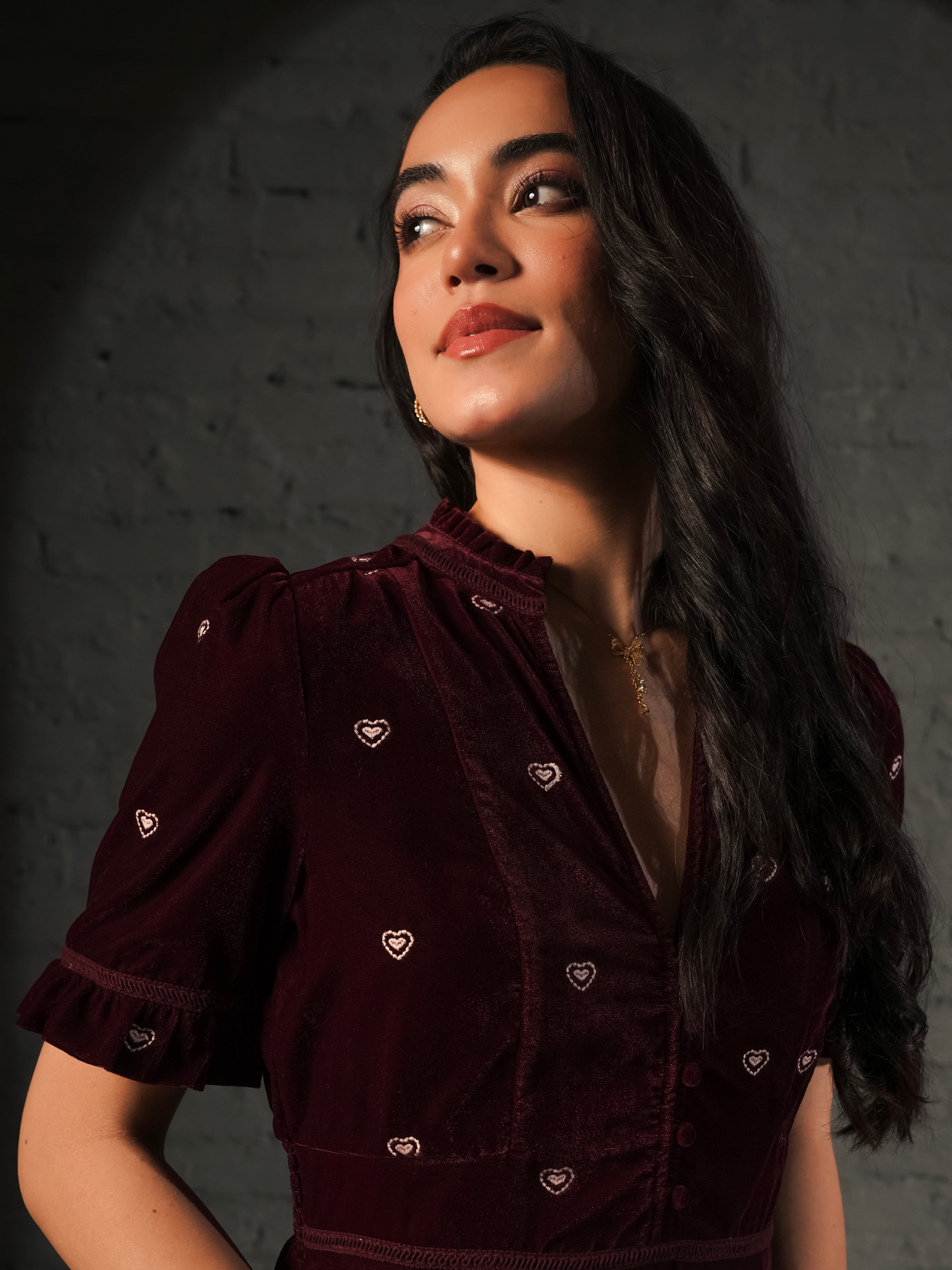 Sara Burgundy Heart Embroidered Velvet Dress