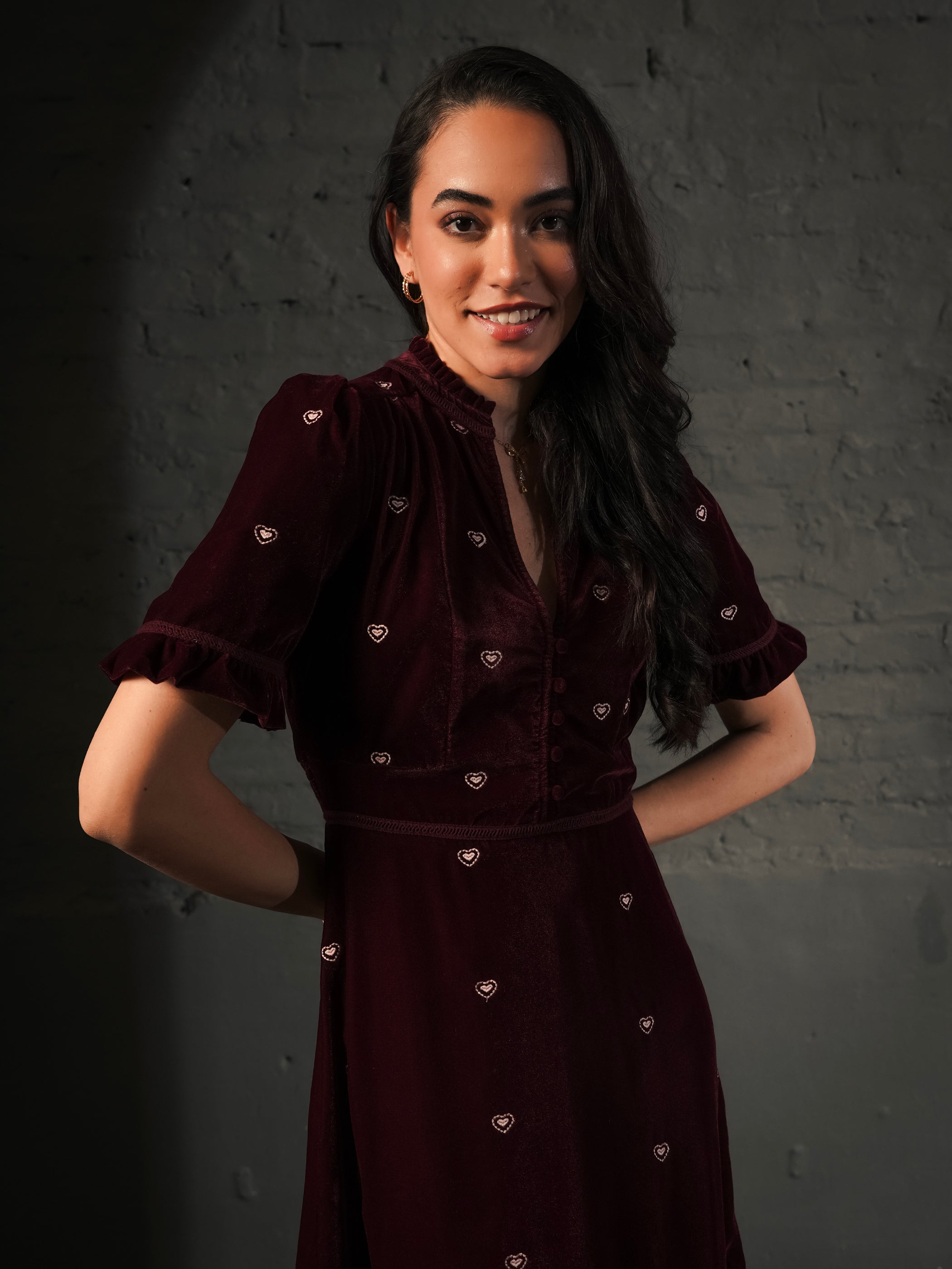Sara Burgundy Heart Embroidered Velvet Dress