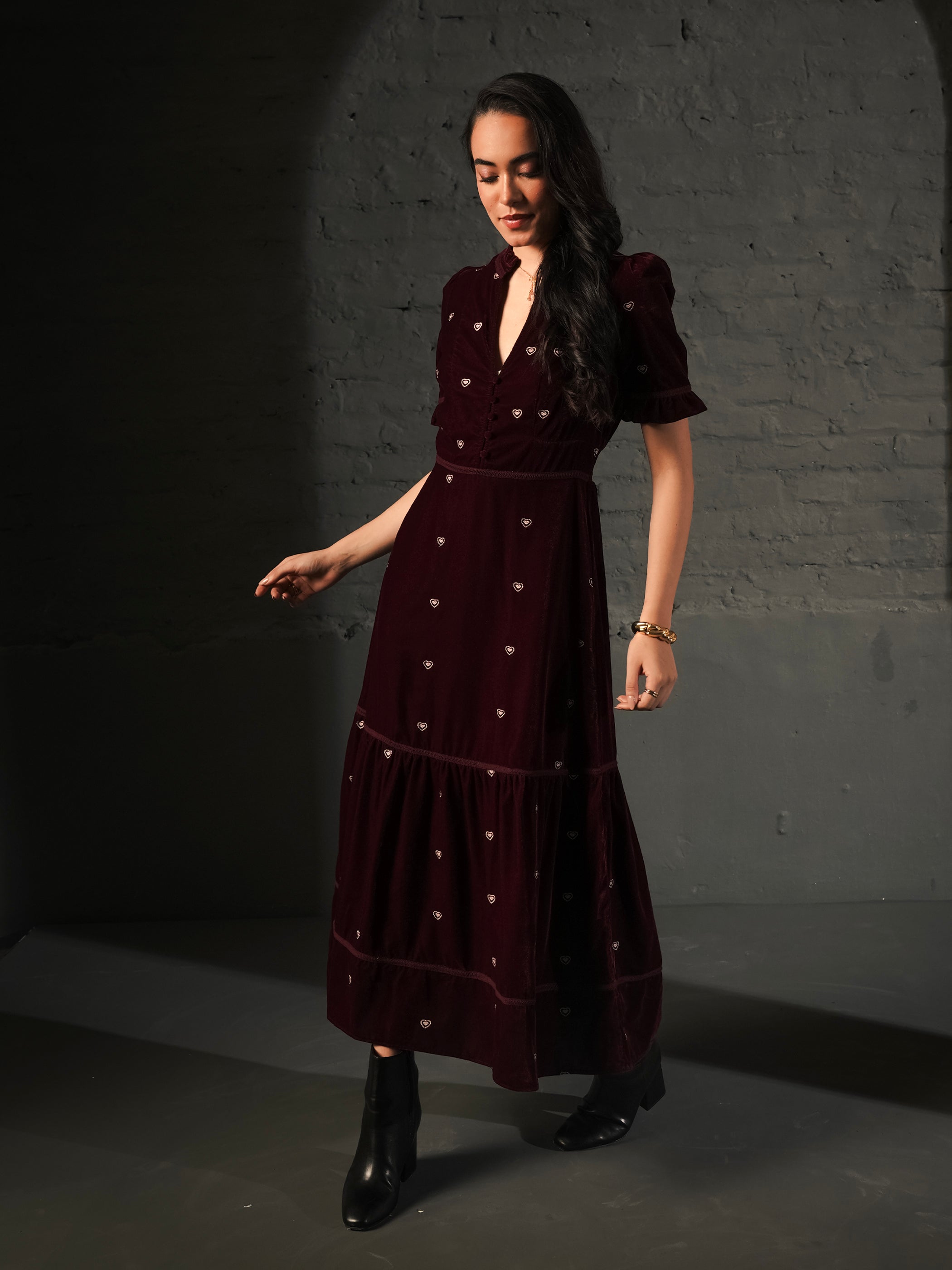 Sara Burgundy Heart Embroidered Velvet Dress