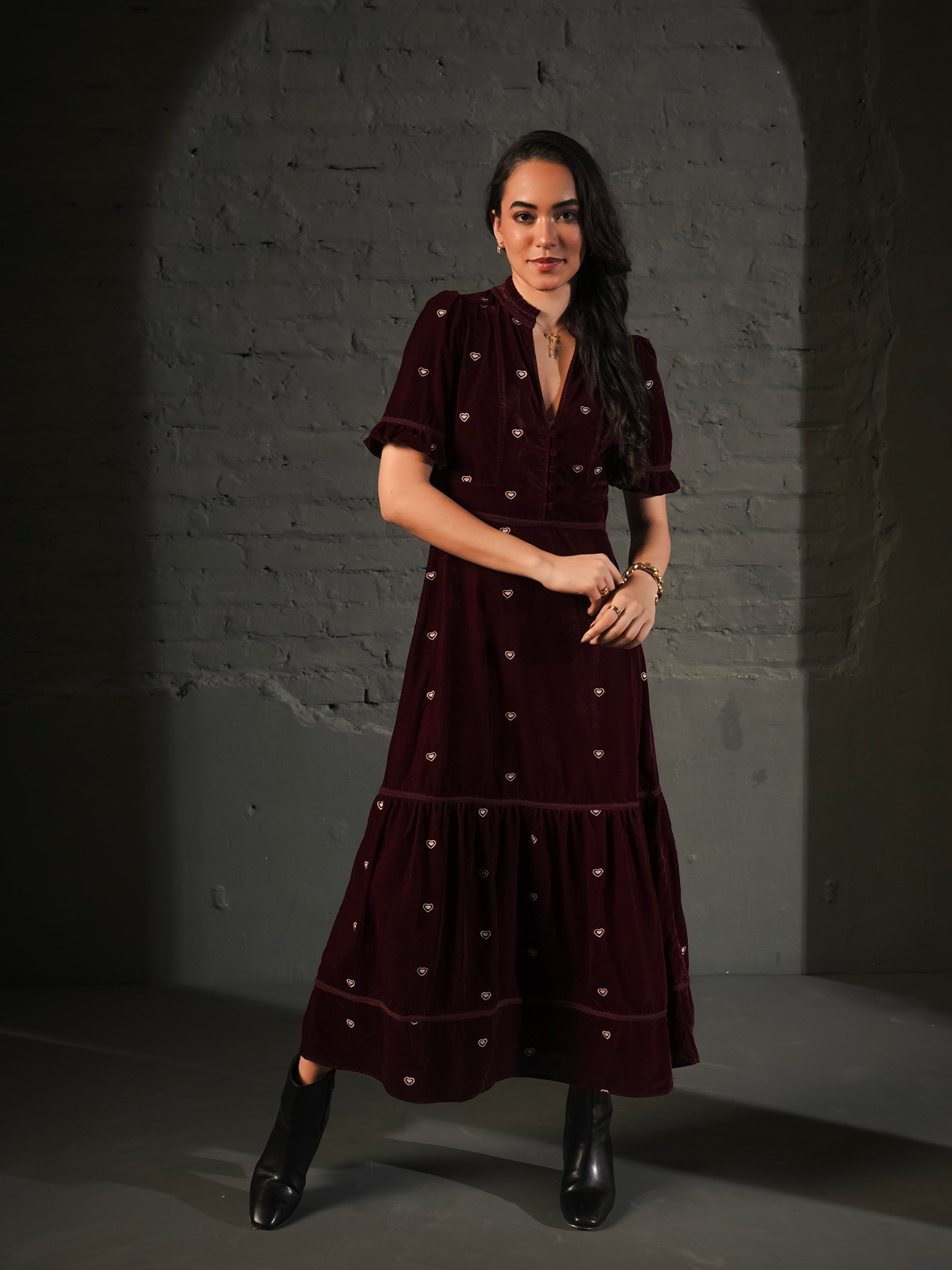 Sara Burgundy Heart Embroidered Velvet Dress