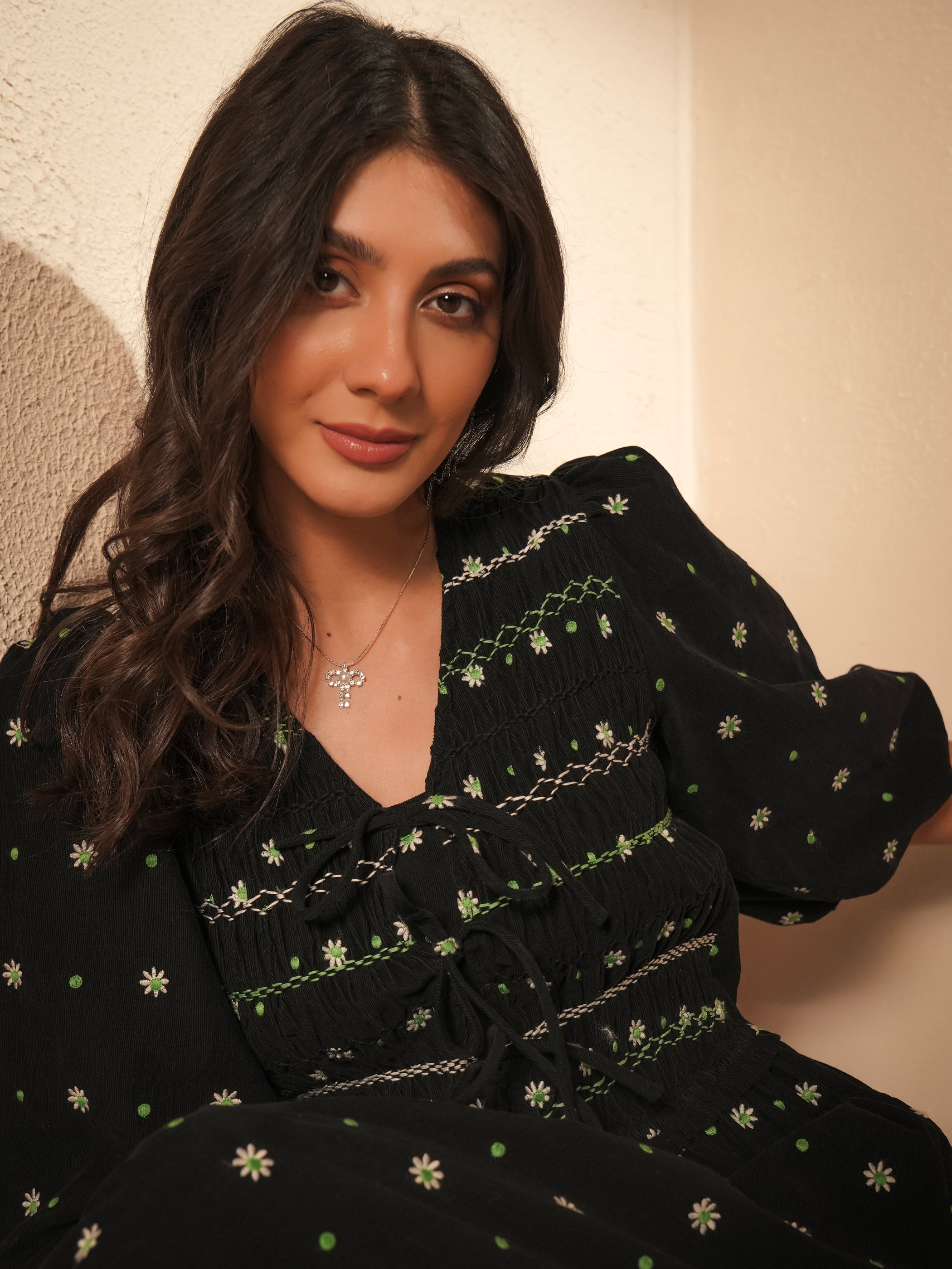 Eddie Black Cord Embroidered Polka Dot Maxi Dress